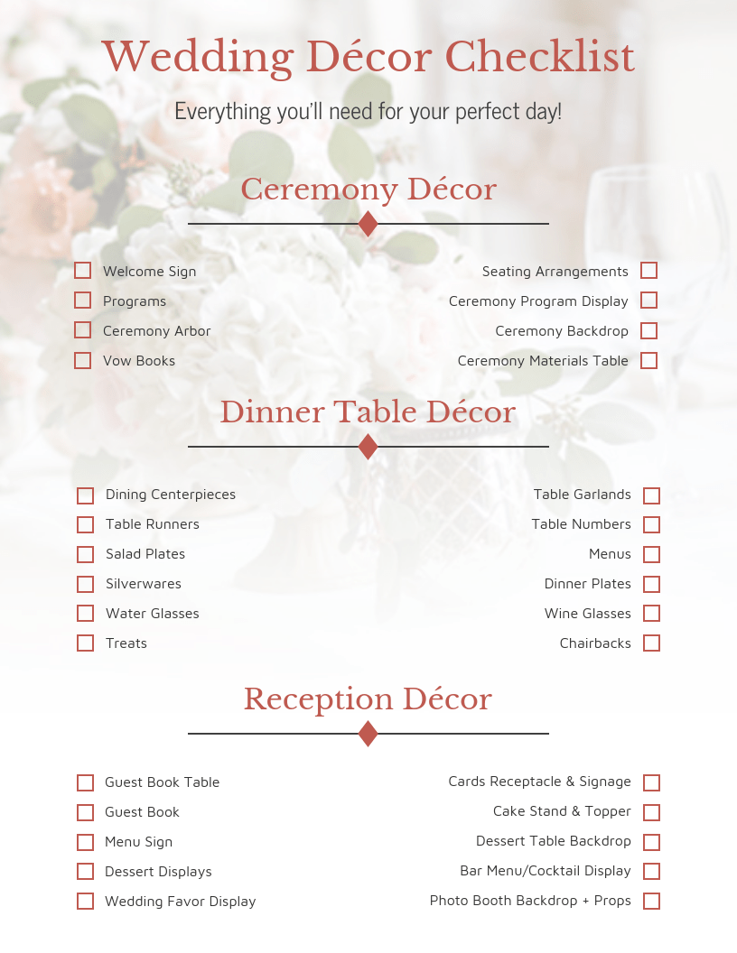 Floral Wedding Decor Checklist Template Within Wedding Decoration Checklist Template