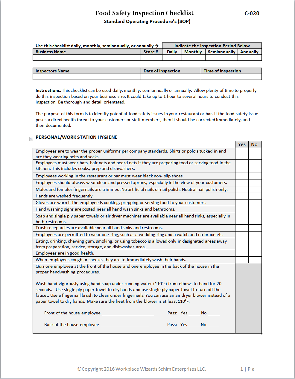 Food Safety Inspection Checklist - Workplacewizards restaurant  With Food Safety Audit Checklist Template Inside Food Safety Audit Checklist Template