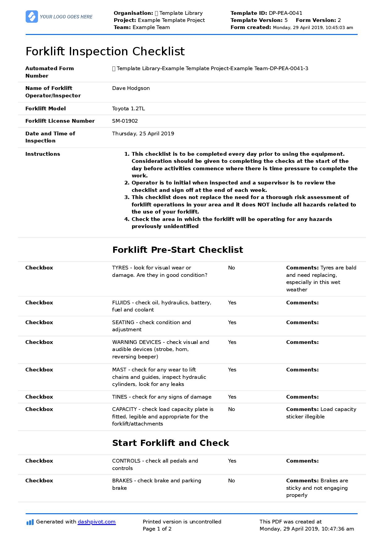 Forklift Inspection Checklist (For daily, pre-use & safety  Pertaining To Forklift Safety Checklist Template Pertaining To Forklift Safety Checklist Template