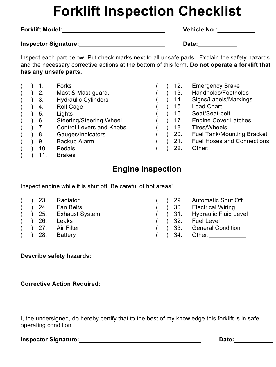 Forklift Inspection Checklist Template Download Printable PDF  Pertaining To Forklift Safety Checklist Template With Regard To Forklift Safety Checklist Template