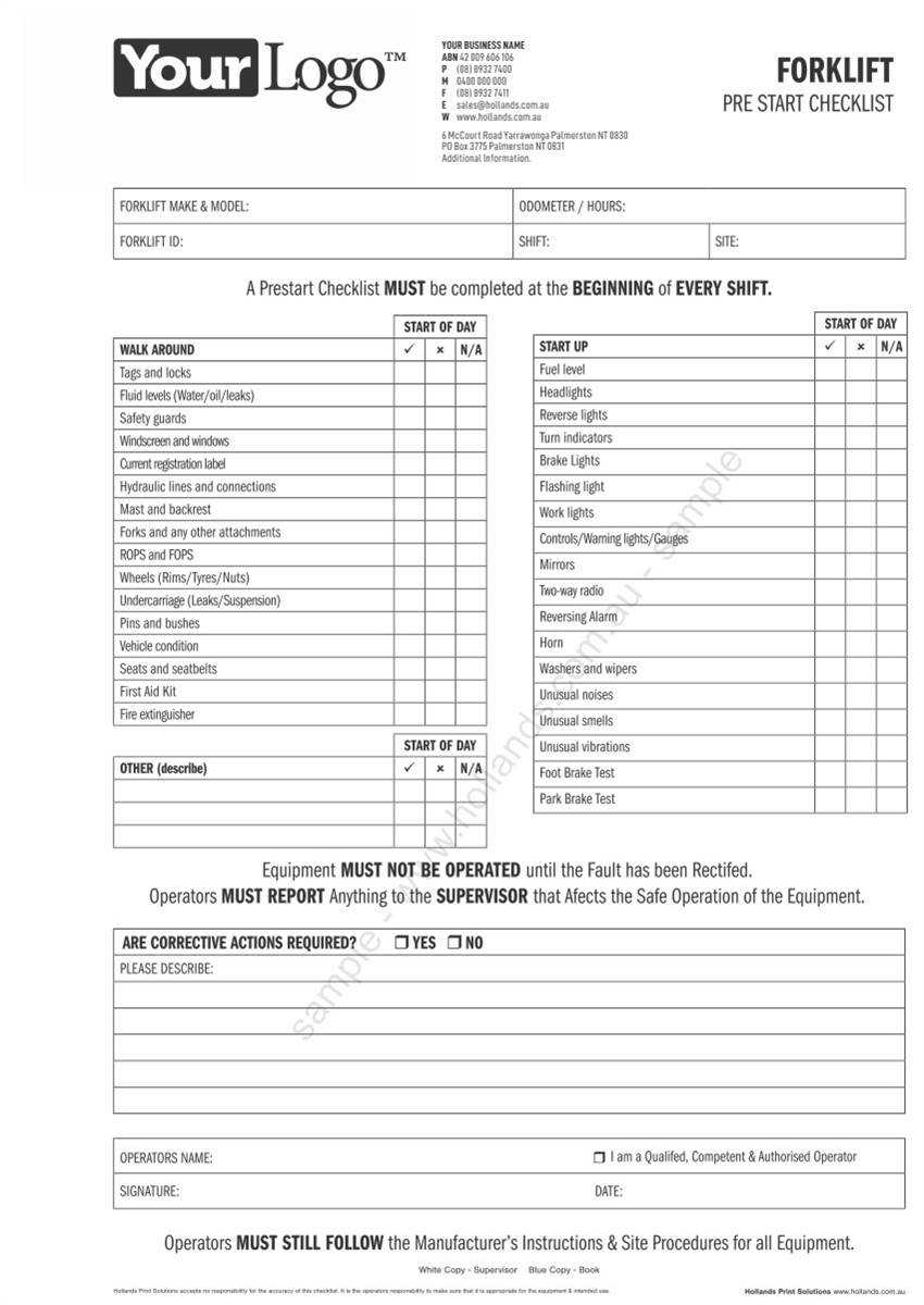 Forklift Pre Start Checklist Books Pertaining To Forklift Safety Checklist Template Regarding Forklift Safety Checklist Template