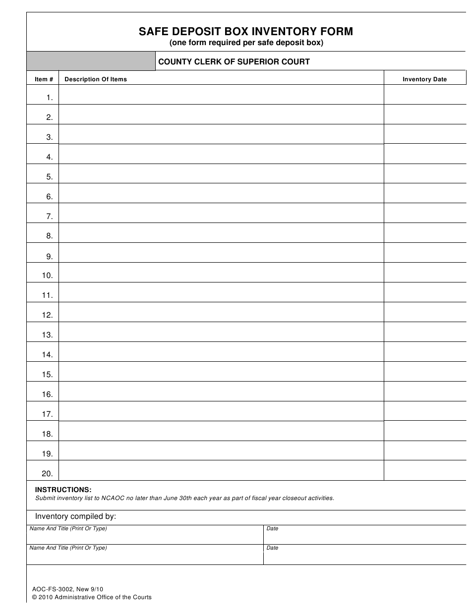 Form AOC-FS-10 Download Fillable PDF or Fill Online Safe Deposit  Intended For Safe Deposit Box Inventory Template With Regard To Safe Deposit Box Inventory Template