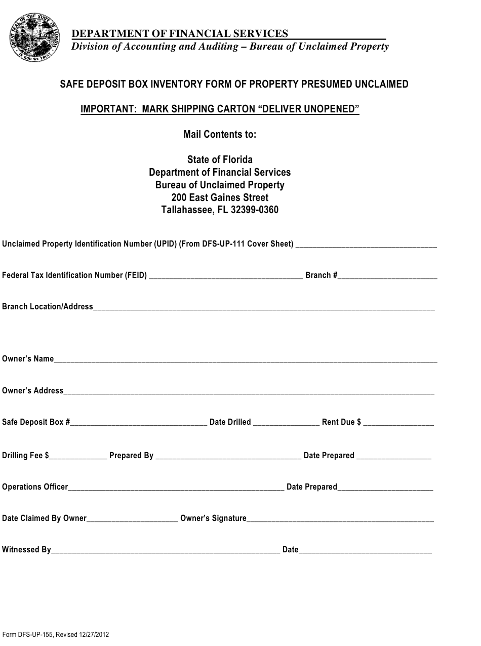 Form DFS UP 10 Download Printable PDF Or Fill Online Safe Deposit  Pertaining To Safe Deposit Box Inventory Template