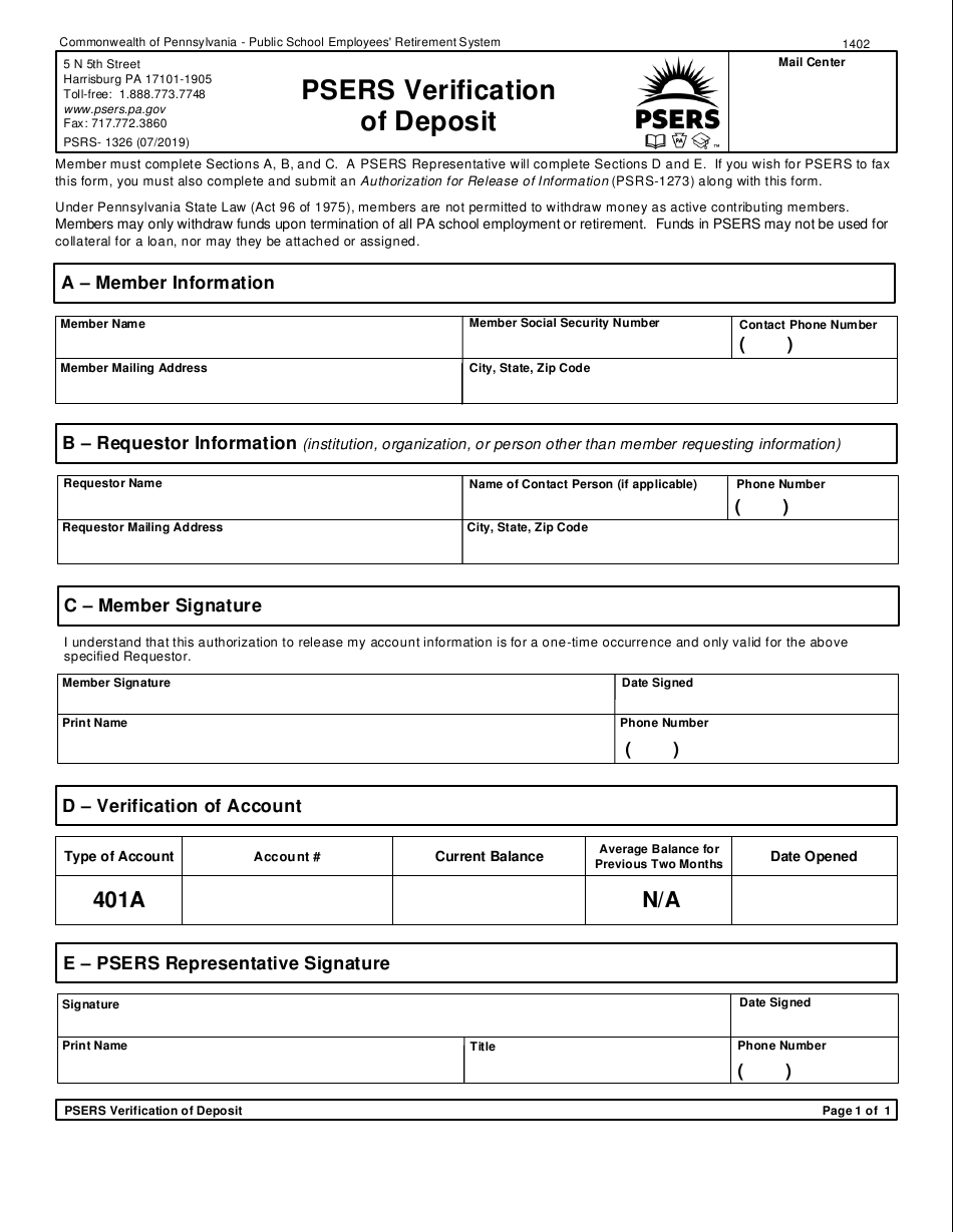 Form PSRS-10 Download Printable PDF or Fill Online Psers  Intended For Verification Of Deposit Form Template Inside Verification Of Deposit Form Template