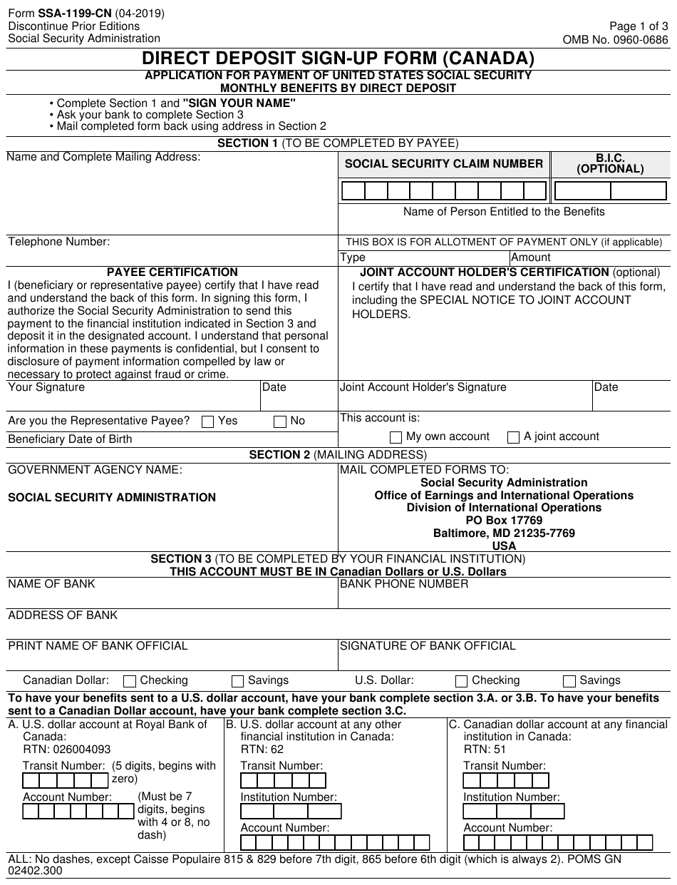 Form SSA-10-CN Download Fillable PDF or Fill Online Direct  Pertaining To Direct Deposit Form Social Security Benefits For Direct Deposit Form Social Security Benefits
