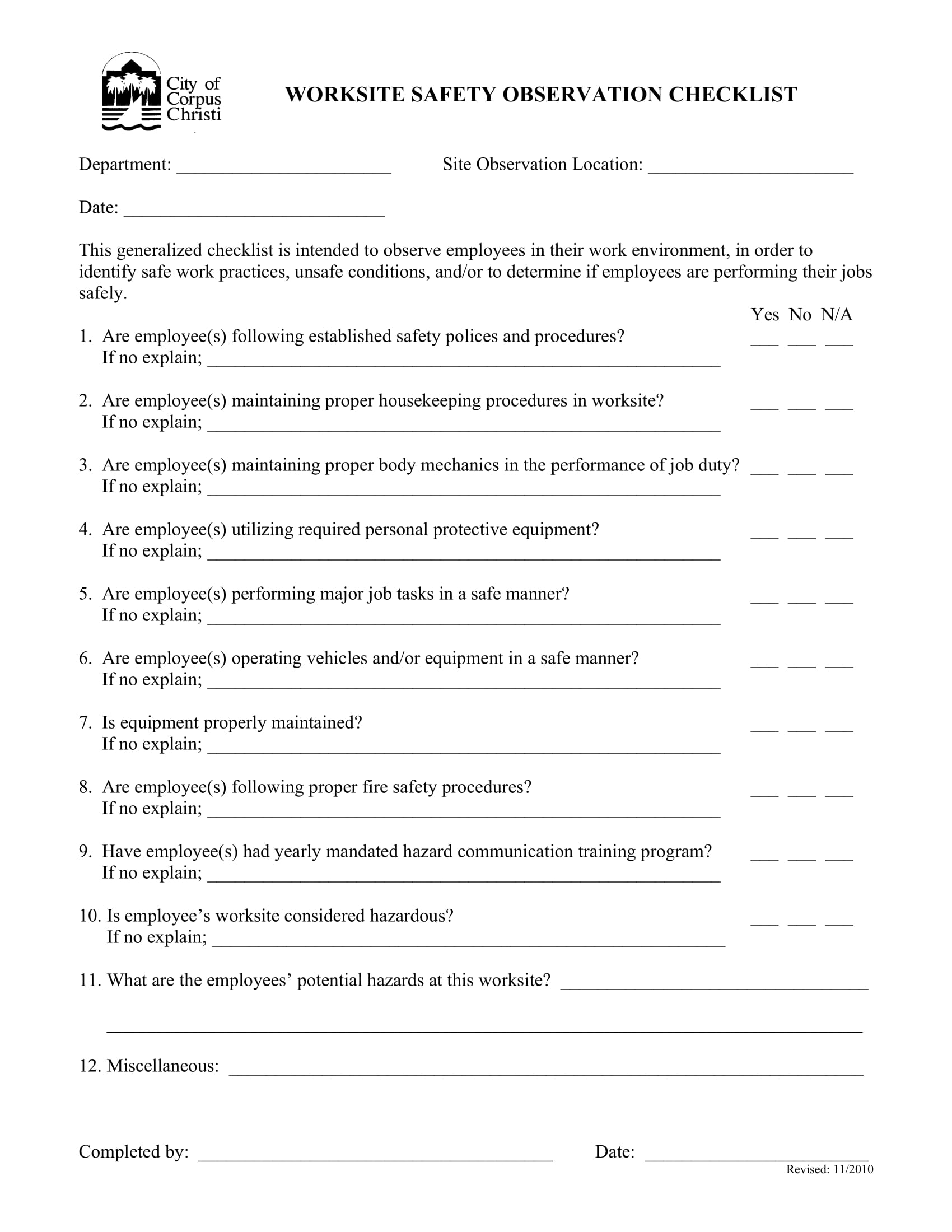 FREE 10+ Job Safety Observation Forms in PDF  MS Word Throughout Safety Observation Checklist Template With Safety Observation Checklist Template