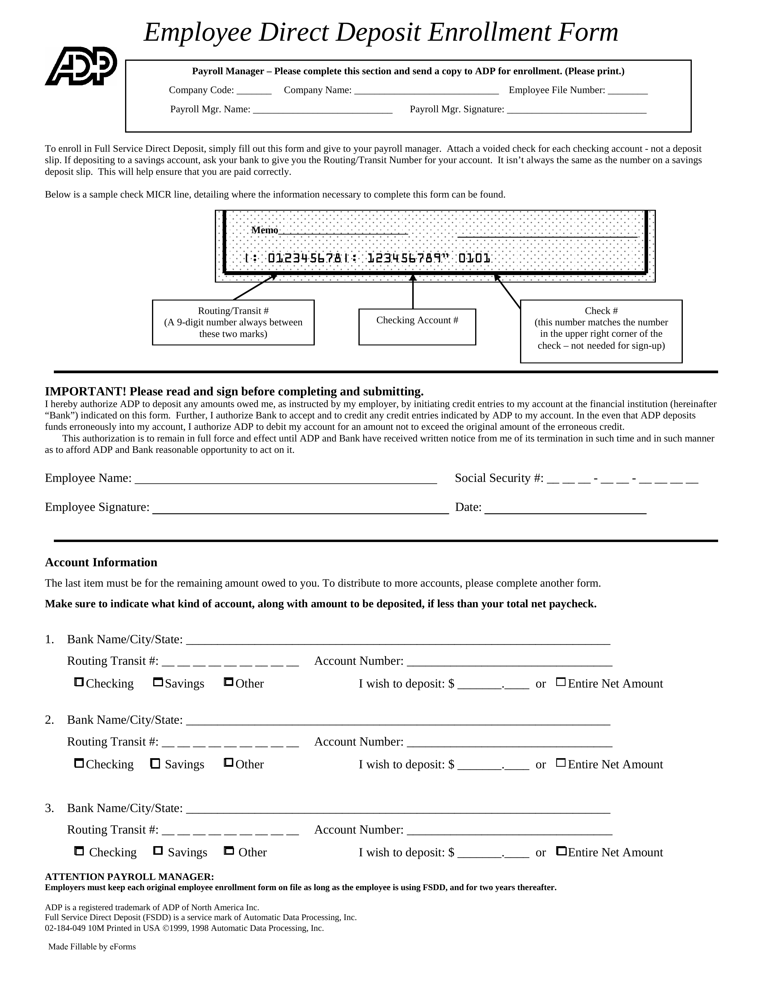 Free ADP Direct Deposit Authorization Form – PDF – EForms Inside Employee Direct Deposit Enrollment Form Template