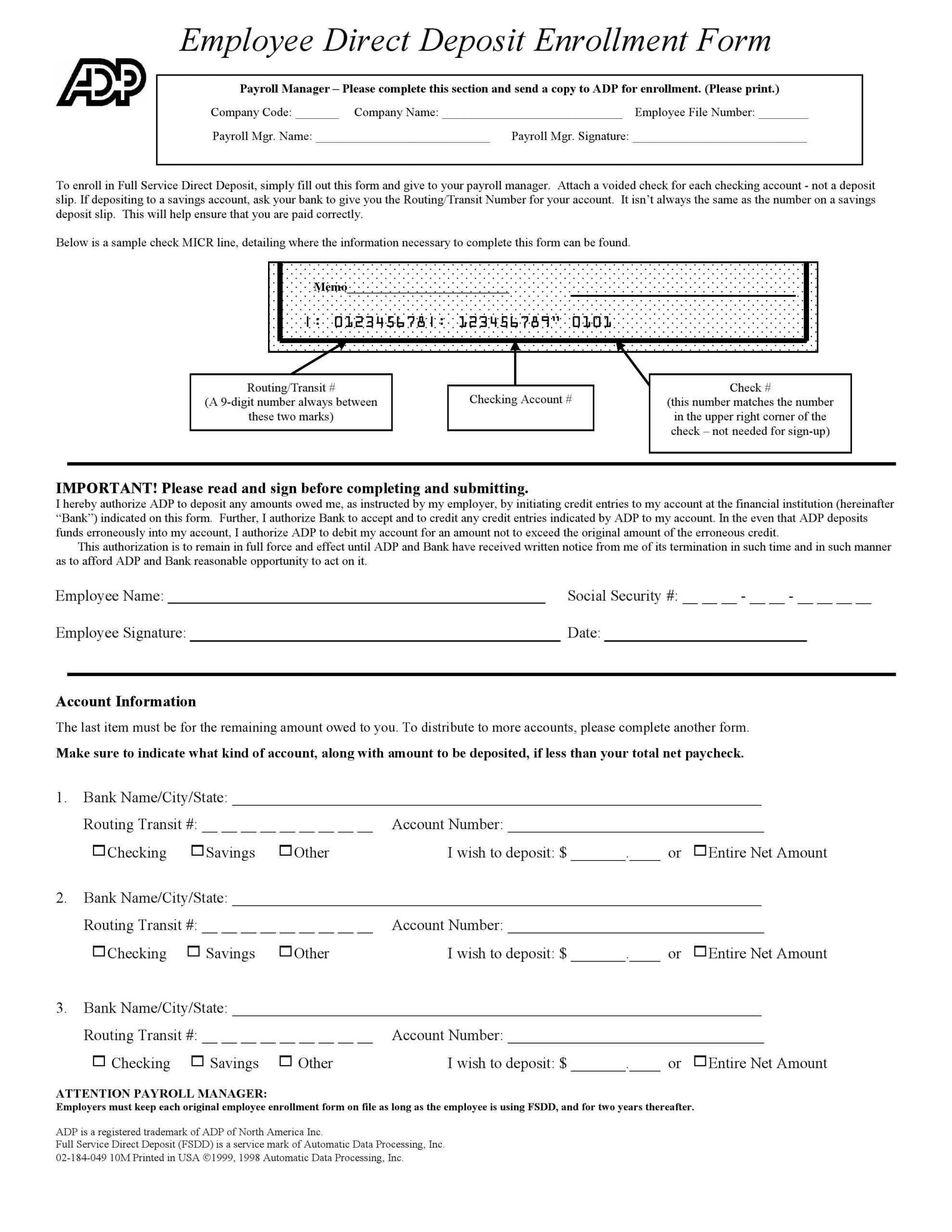 Free ADP Direct Deposit Form  PDF Template  Form Download For Bank Direct Deposit Form Template With Regard To Bank Direct Deposit Form Template