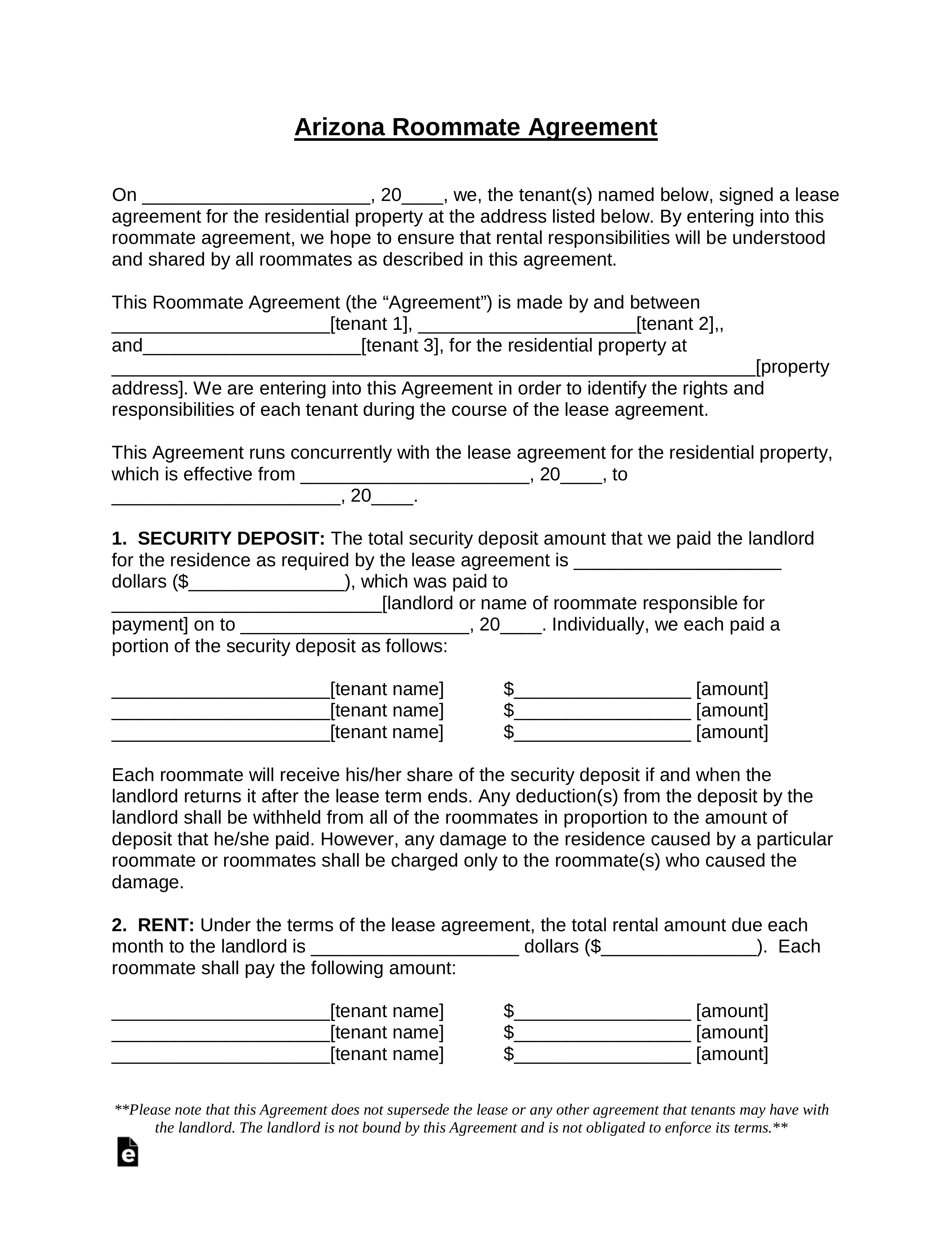 Free Arizona Room Rental (Roommate) Agreement Template – PDF  In Security Deposit Agreement Between Roommates