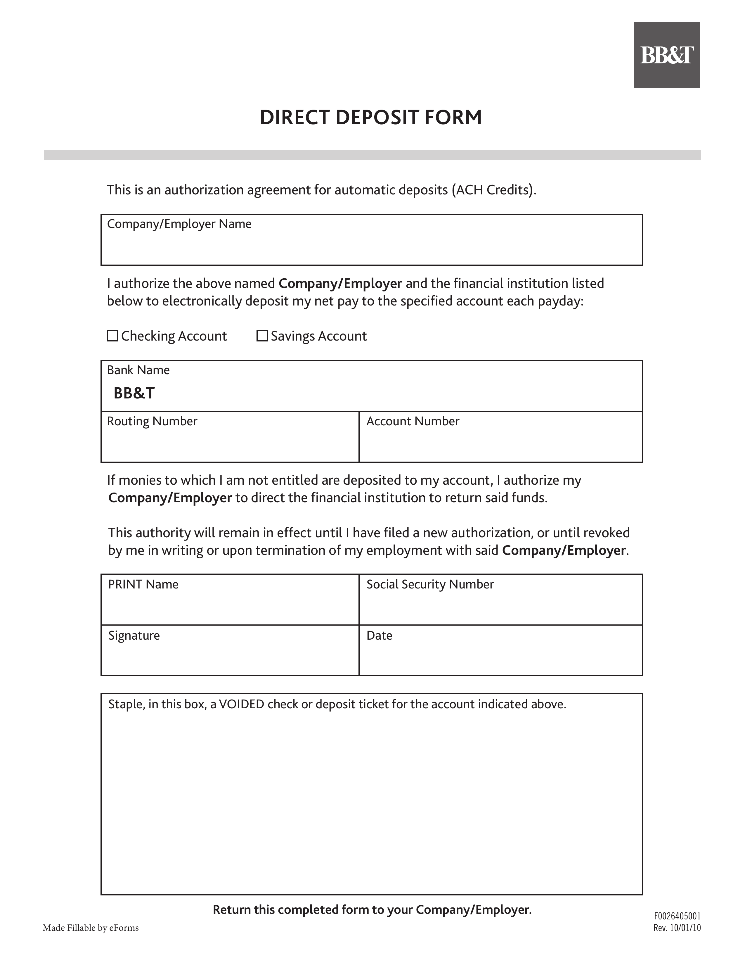 Free BB&T Direct Deposit Authorization Form – PDF – EForms With Direct Deposit Authorization Form Template