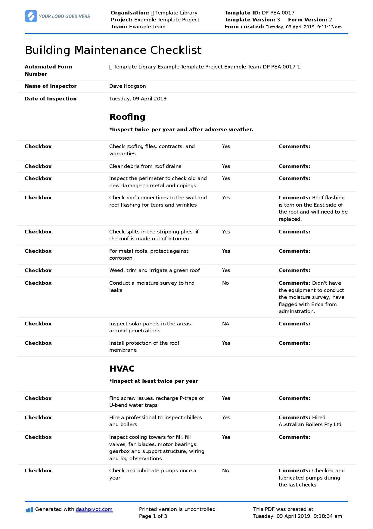 Free Building Maintenance Checklist (Better than PDF, excel, word) Intended For Plumbing Checklist Template In Plumbing Checklist Template