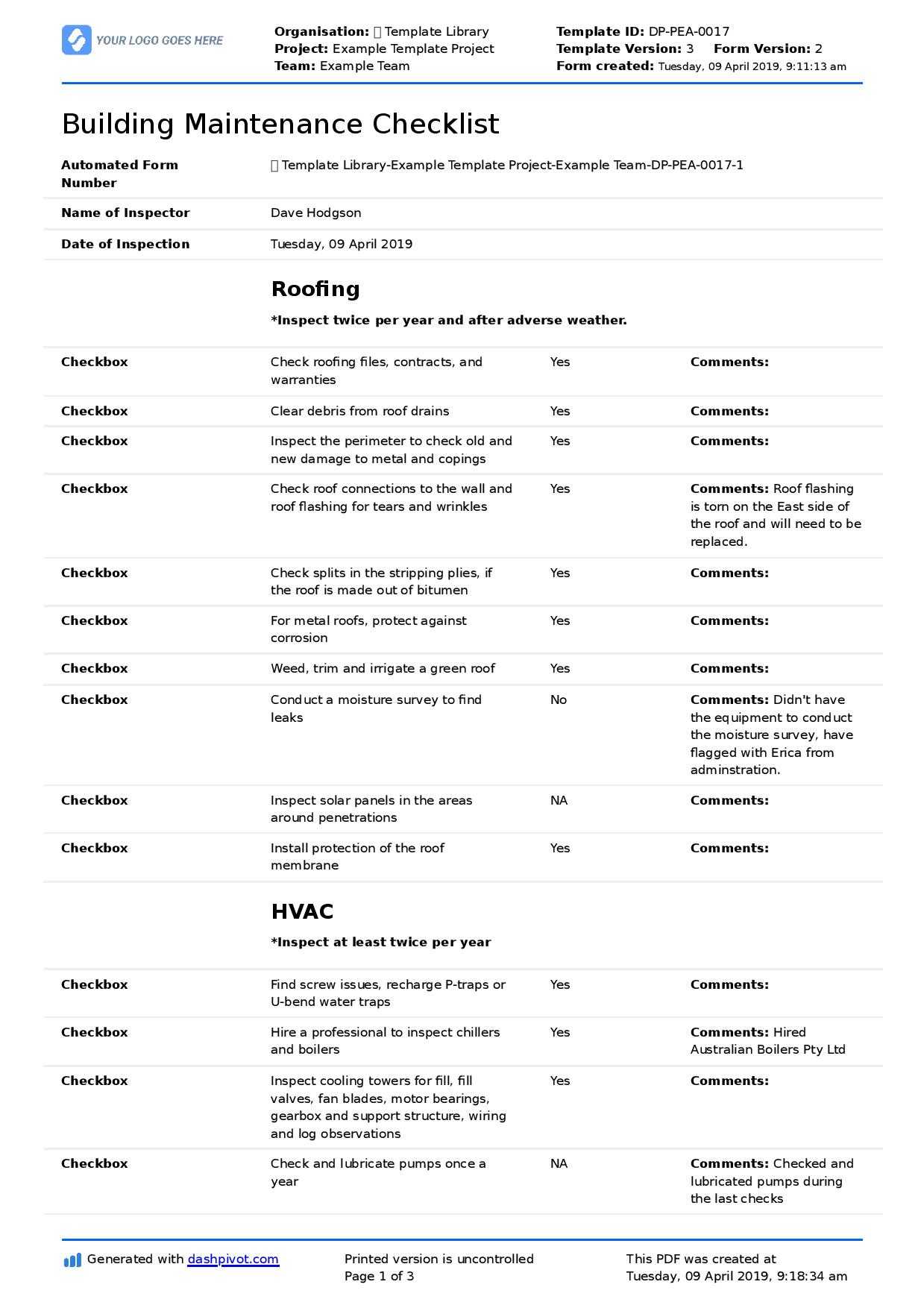 Plumbing Checklist Template