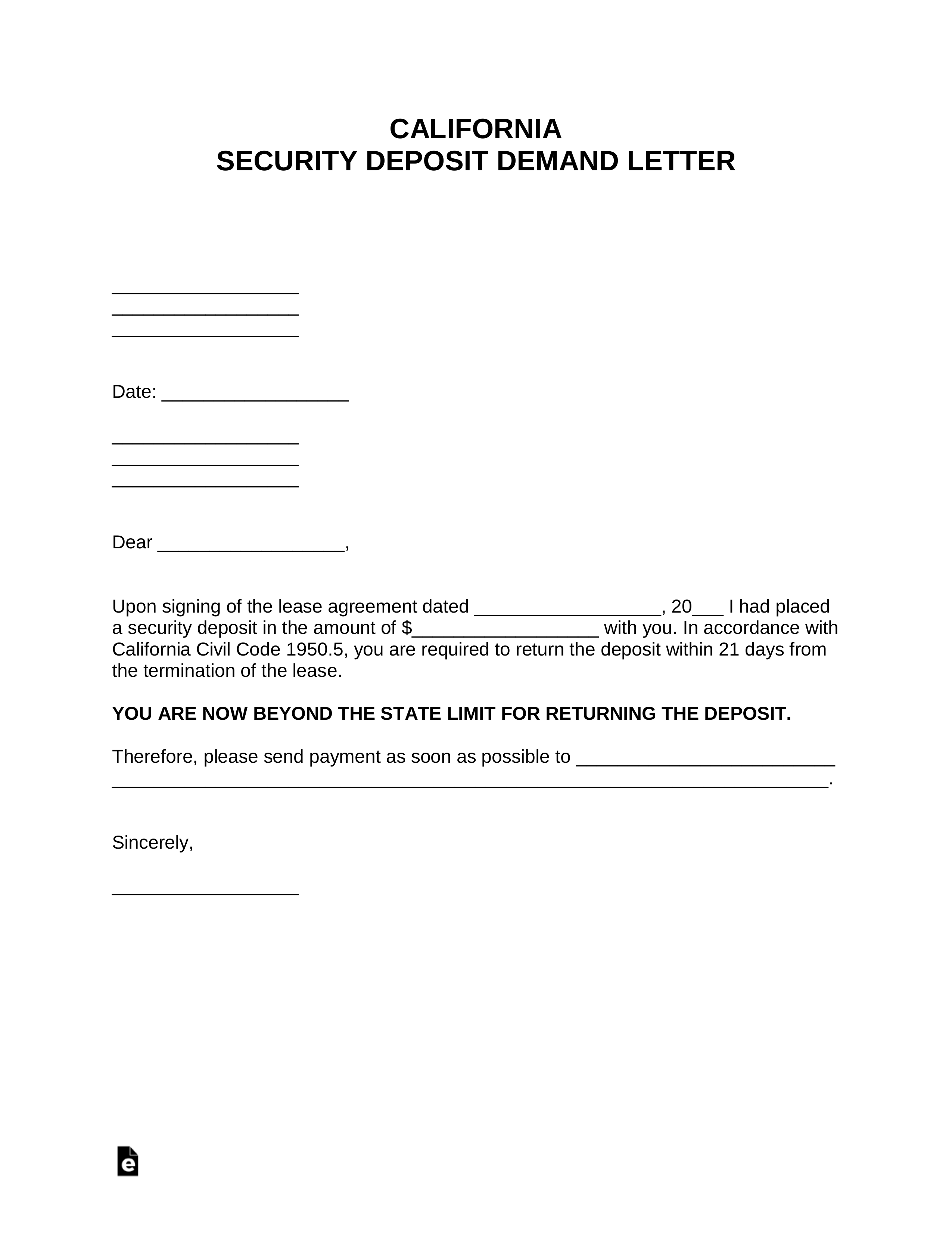 Free California Security Deposit Demand Letter - PDF  Word – eForms Throughout Itemized Security Deposit Deduction Form Inside Itemized Security Deposit Deduction Form