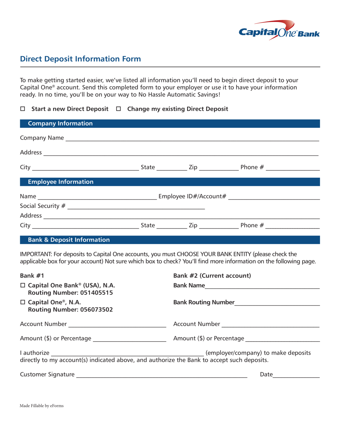 Free Capital One 10 Direct Deposit Authorization Form PDF In Bank 