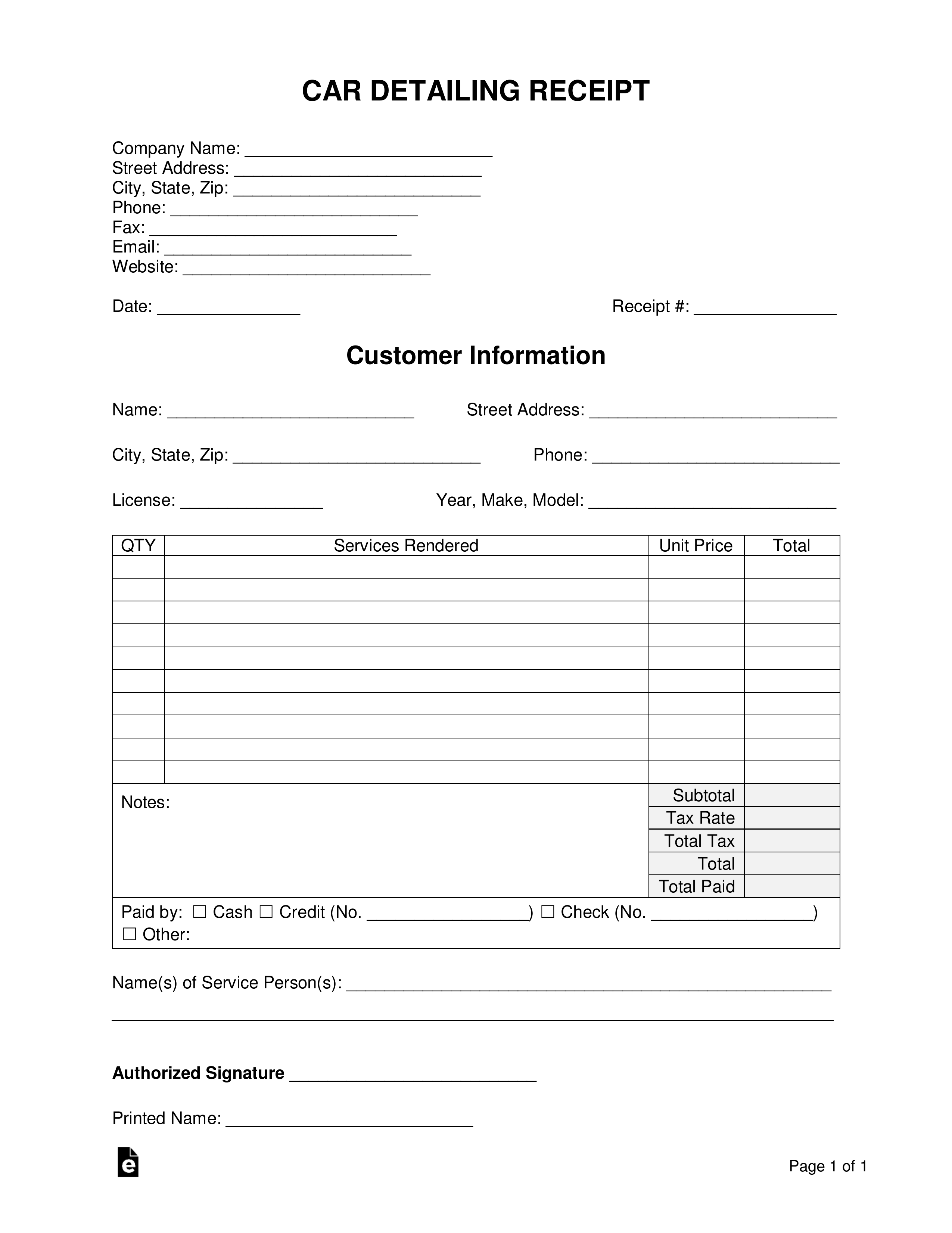 Free Car Detailing Receipt Template - PDF  Word – eForms With Regard To Auto Detailing Checklist Template Pertaining To Auto Detailing Checklist Template