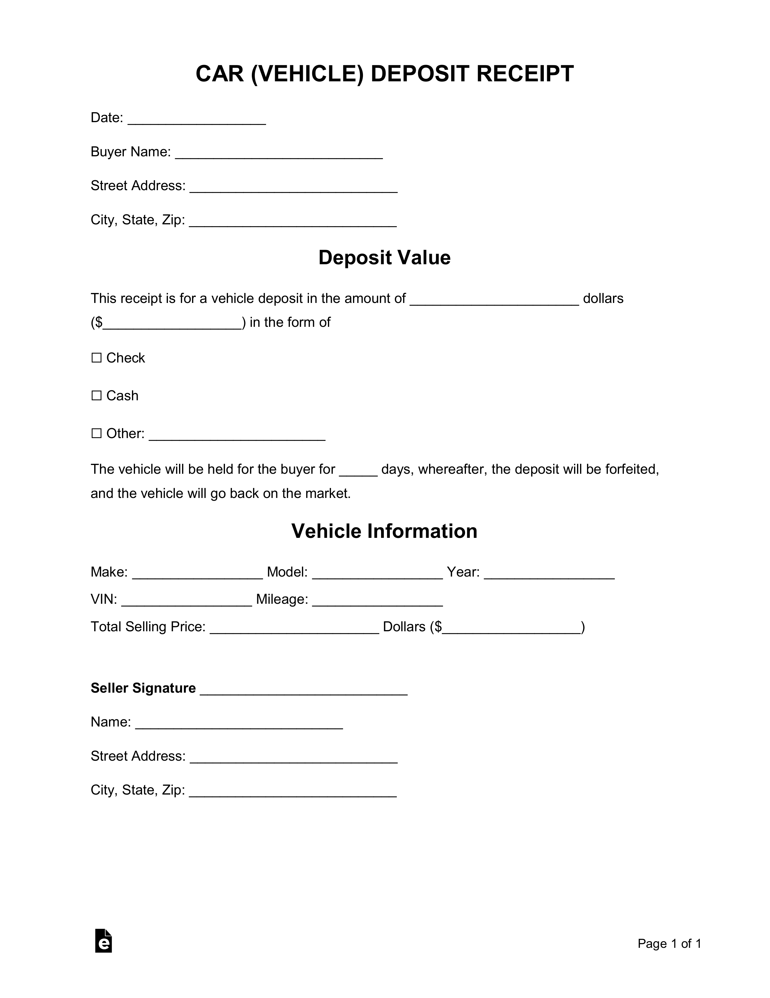 Free Car (Vehicle) Purchase Deposit Receipt Template - Word  PDF  For Non Refundable Deposit Form Template Pertaining To Non Refundable Deposit Form Template