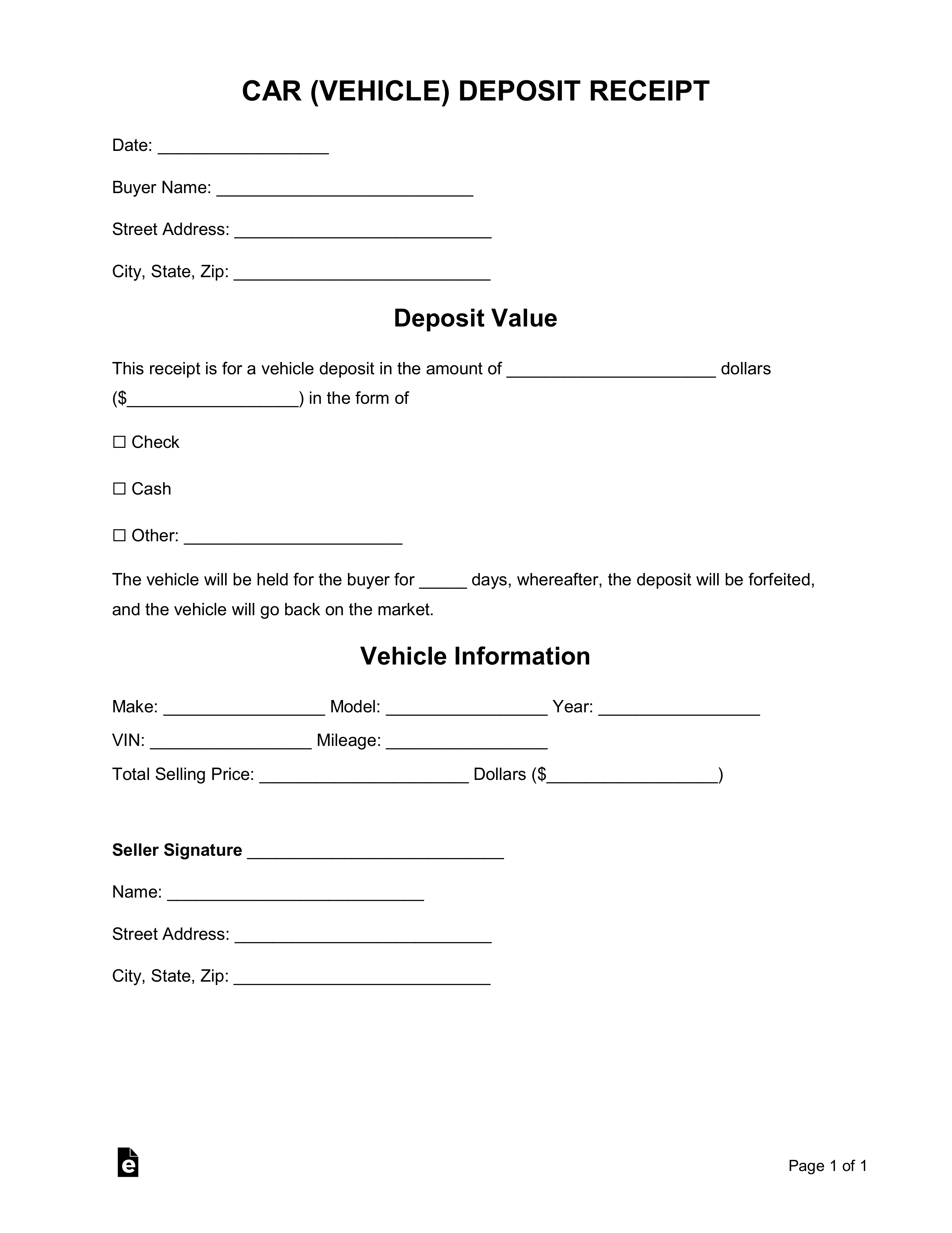 Free Car (Vehicle) Purchase Deposit Receipt Template - Word  PDF  Pertaining To Vehicle Deposit Agreement Form With Vehicle Deposit Agreement Form