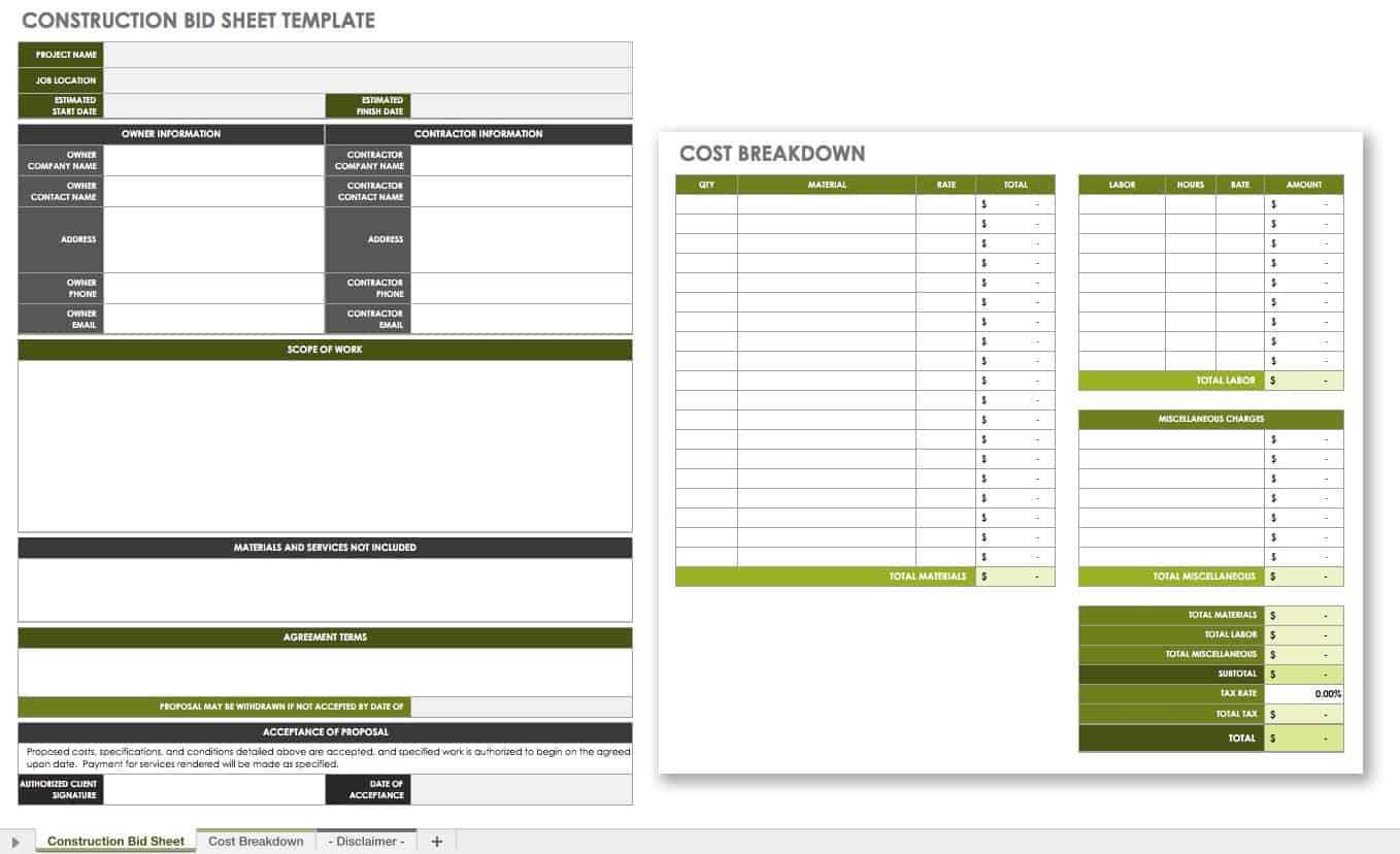 Free Construction Bid Templates  Smartsheet Regarding Construction Bid Checklist Template Inside Construction Bid Checklist Template