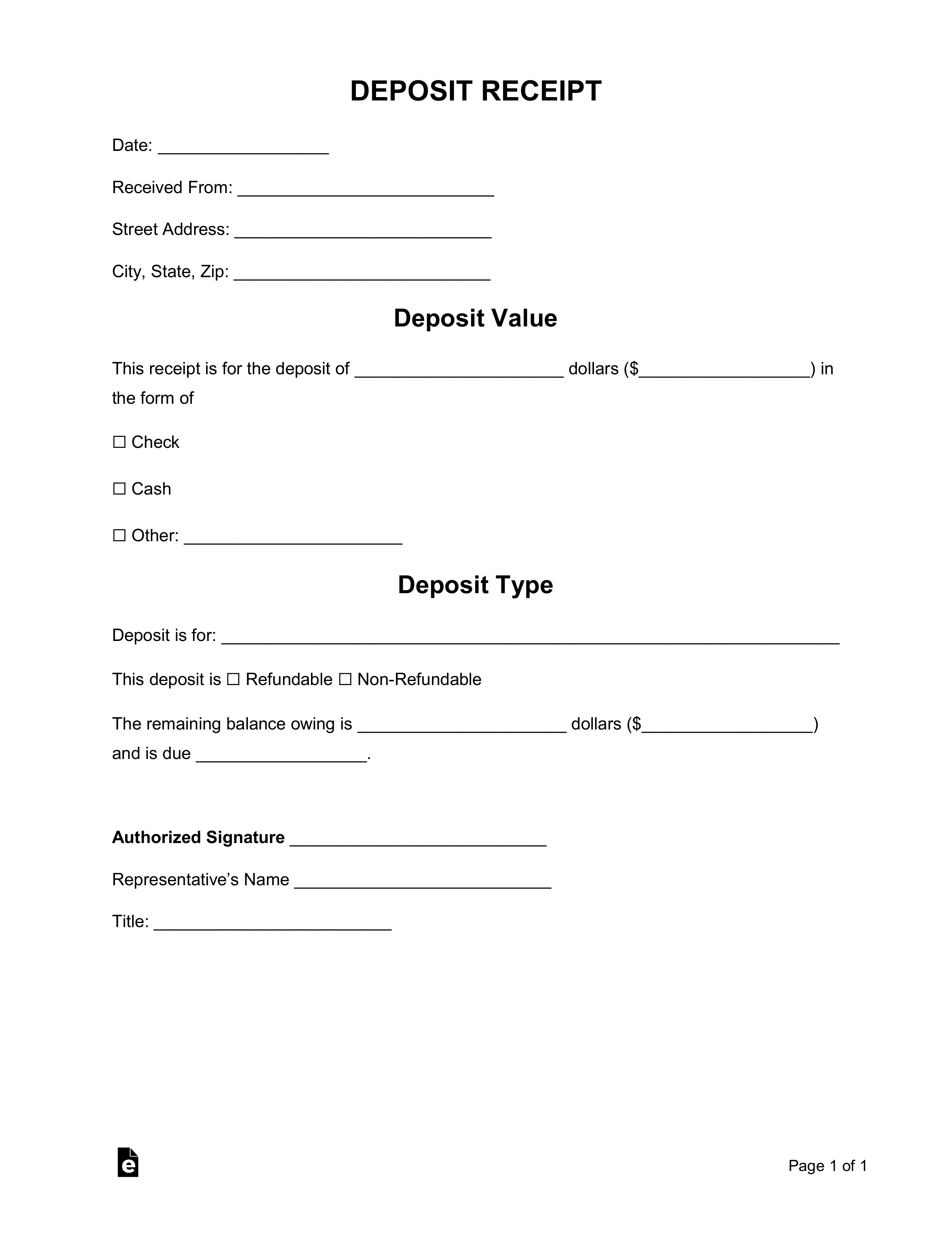Free Deposit Receipt Templates - Word  PDF – eForms In Deposit Slip Form Template Inside Deposit Slip Form Template