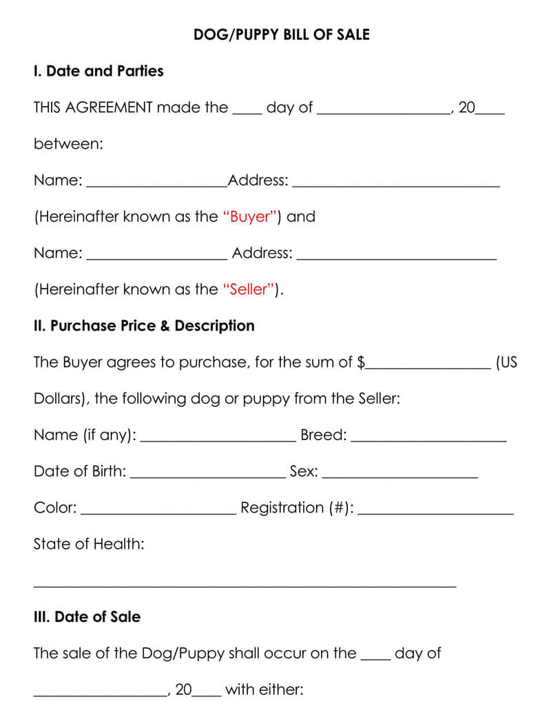 Free Dog/Puppy Bill of Sale Forms & Templates (Word  PDF) Regarding Deposit Form For Bill Of Sale Intended For Deposit Form For Bill Of Sale
