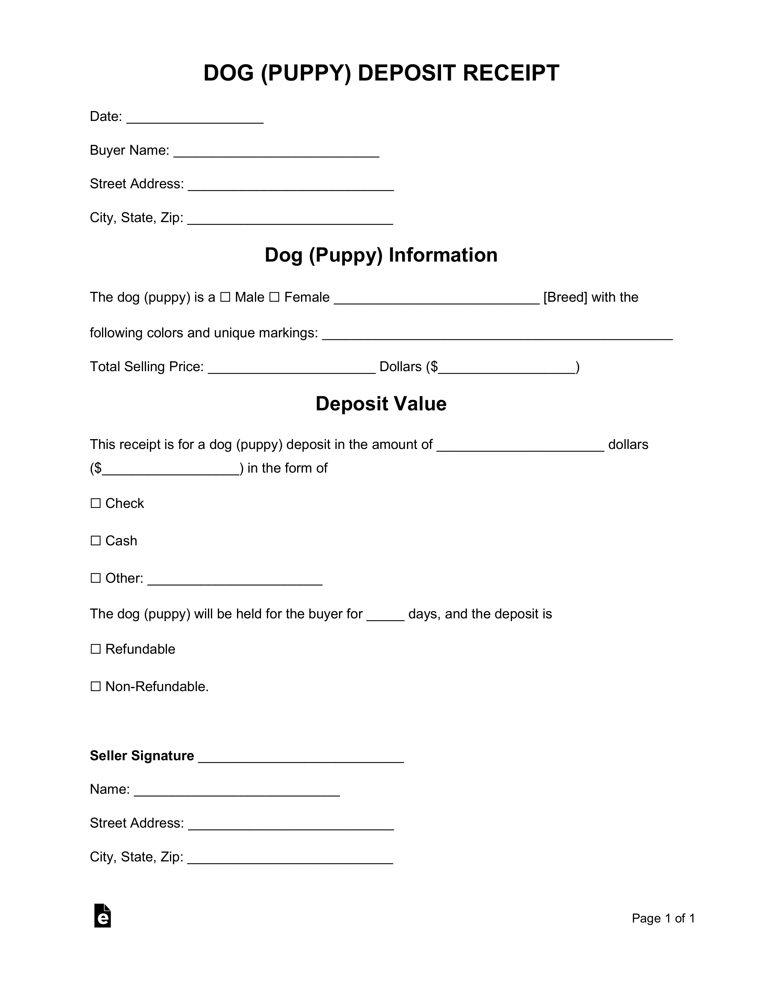 Free Dog (Puppy) Deposit Receipt Template - Word  PDF – eForms For Refundable Deposit Agreement Template Within Refundable Deposit Agreement Template