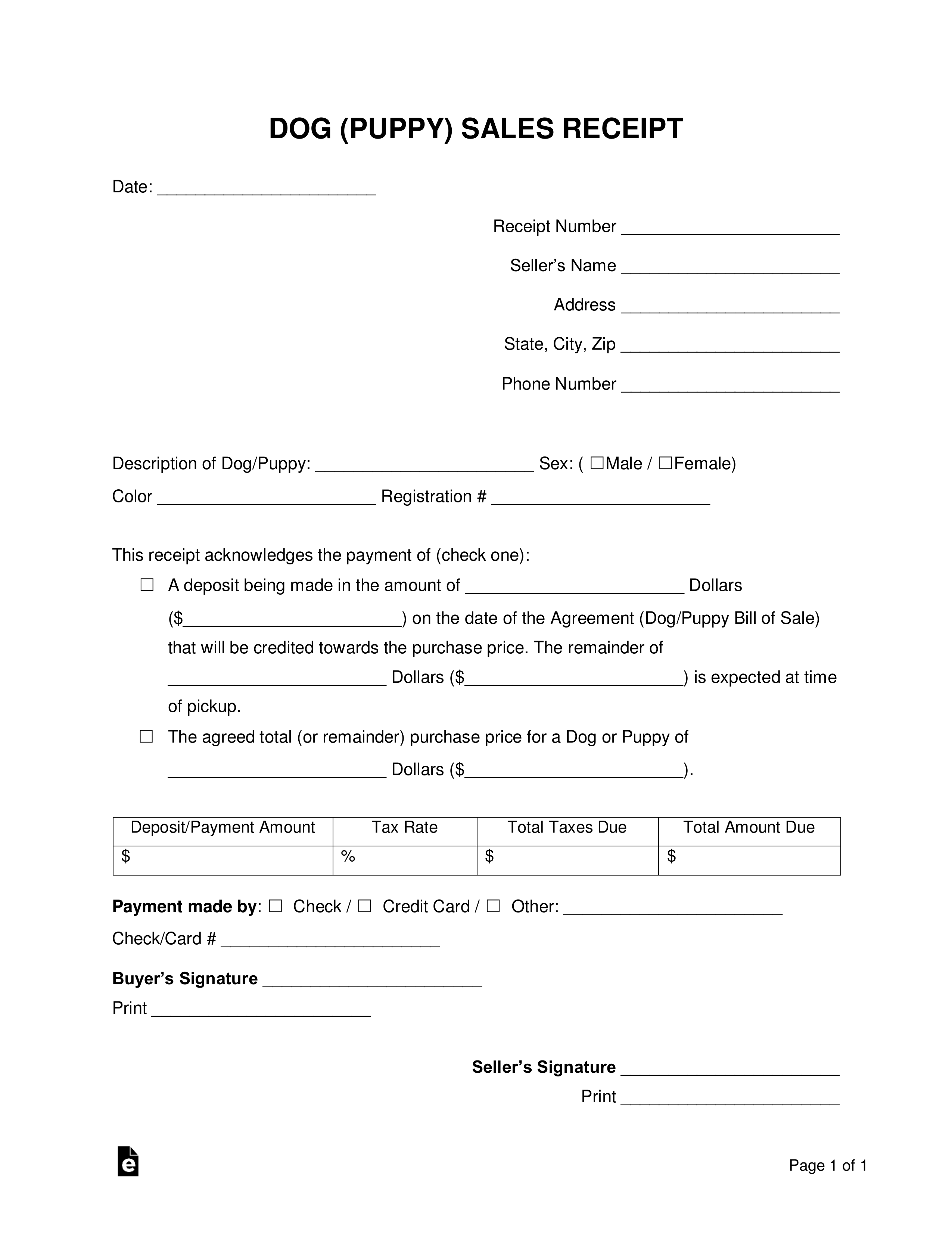 Free Dog (Puppy) Sales Receipt Template – PDF  Word – EForms For Puppy Deposit Contract Template