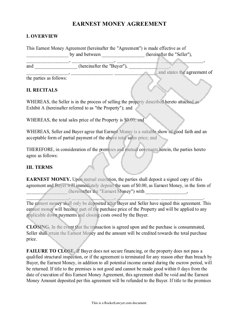Free Earnest Money Agreement  Free to Print, Save & Download For Release Of Earnest Money Deposit Form Within Release Of Earnest Money Deposit Form