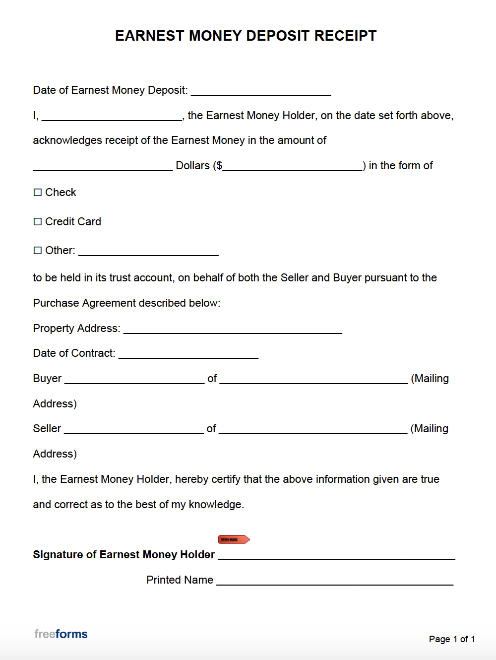 Free Earnest Money Receipt  PDF  WORD For Good Faith Deposit Agreement Form With Good Faith Deposit Agreement Form