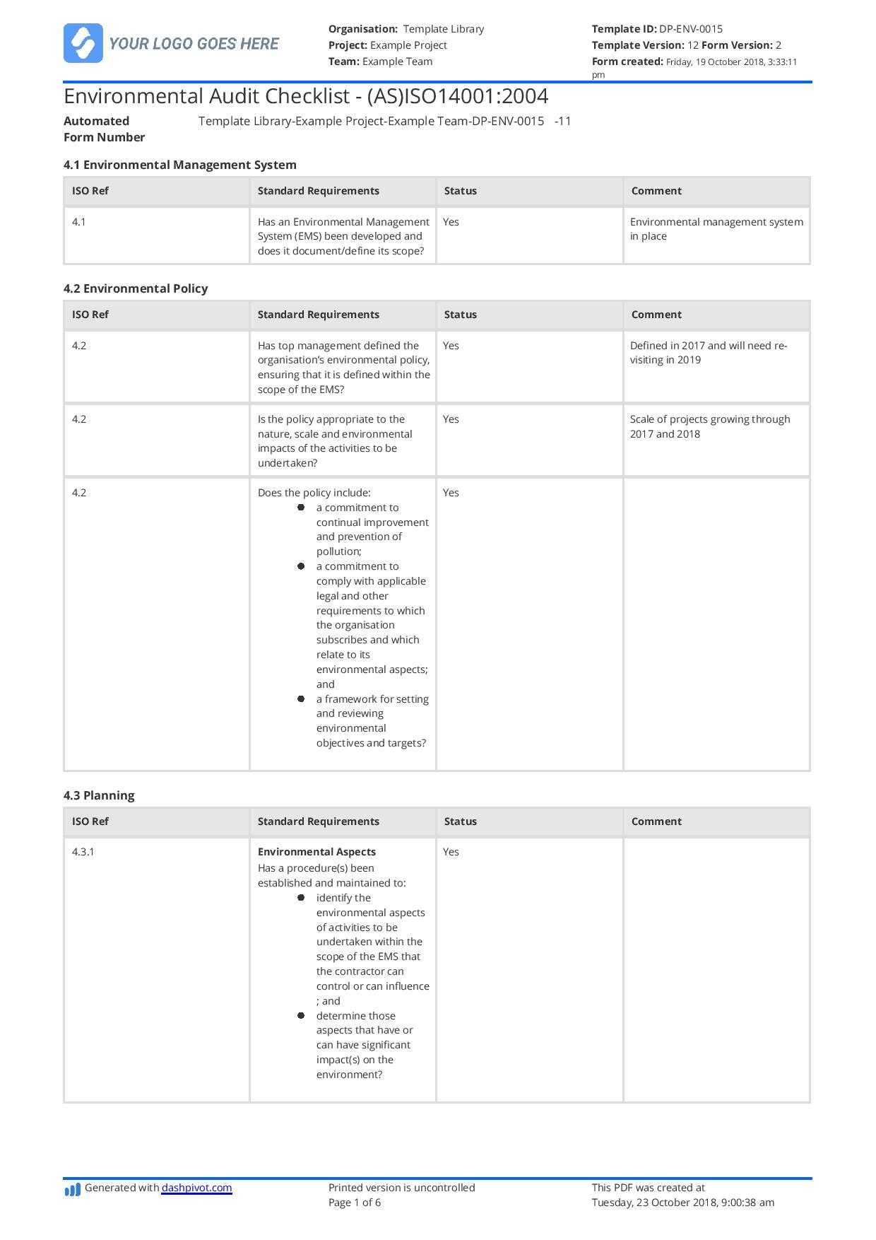 Free Environmental Audit Checklist (Better Than Xls, Excel And PDF) In Environmental Audit Checklist Template