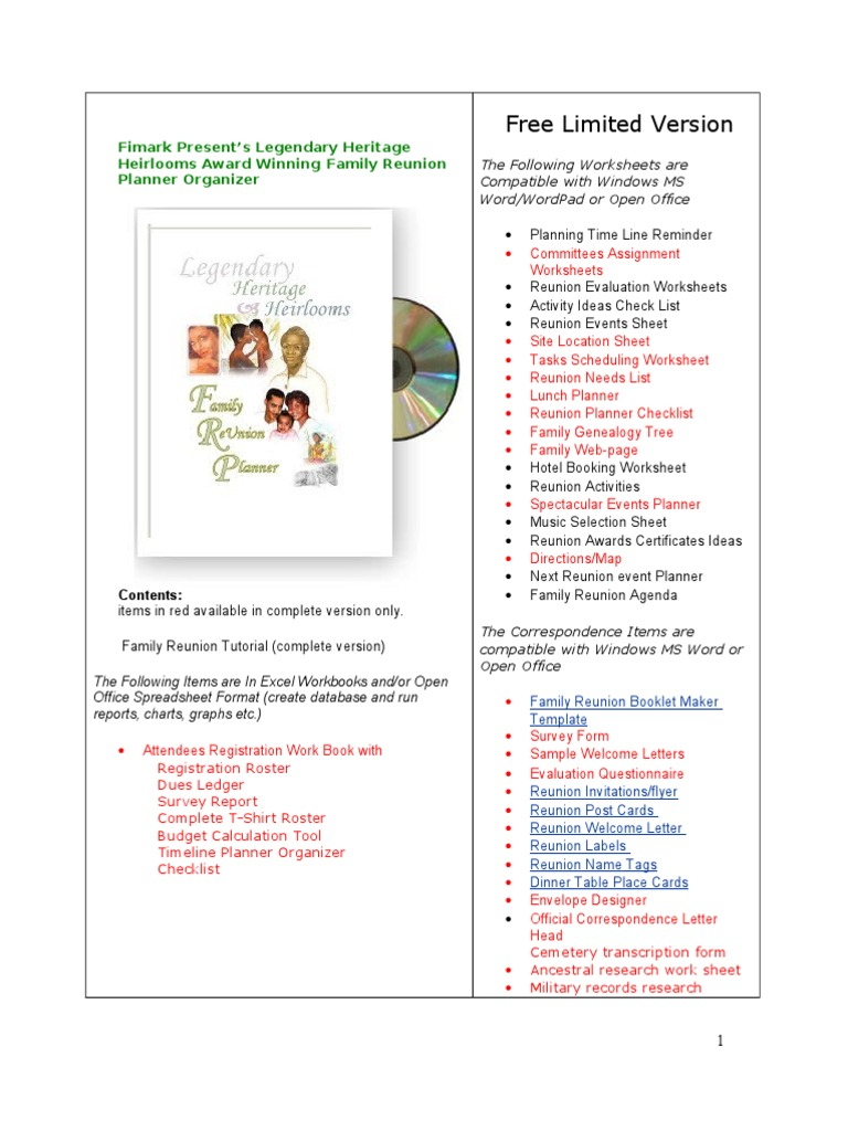 Free Family Reunion Planner  Hotel  Worksheet Throughout Family Reunion Itinerary Template Regarding Family Reunion Itinerary Template