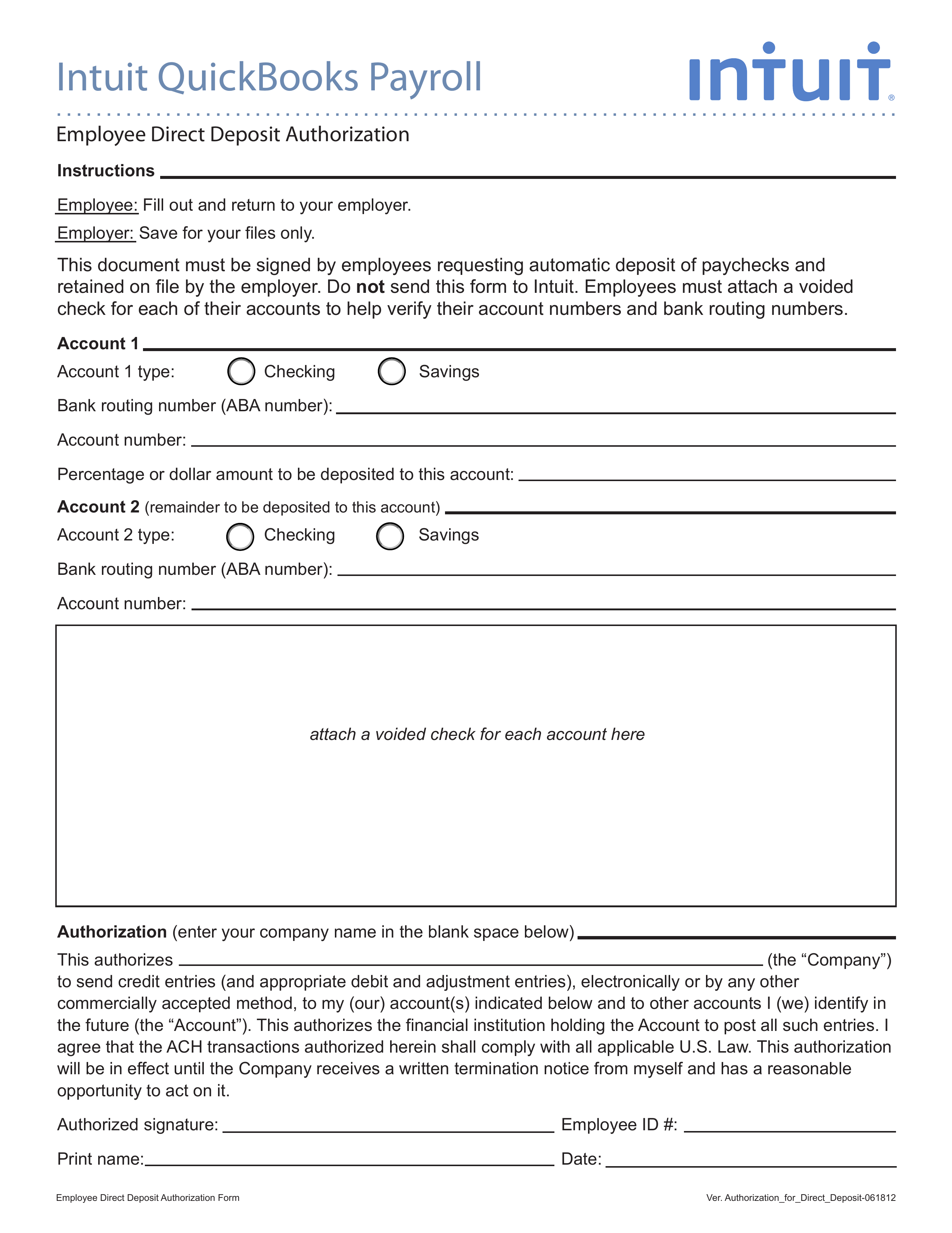 Free Intuit/Quickbooks Payroll Direct Deposit Form – PDF – EForms Within Payroll Direct Deposit Authorization Form Template