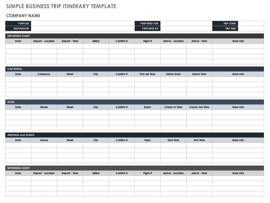 Free Itinerary Templates  Smartsheet With Regard To Business Trip Travel Itinerary Template For Business Trip Travel Itinerary Template