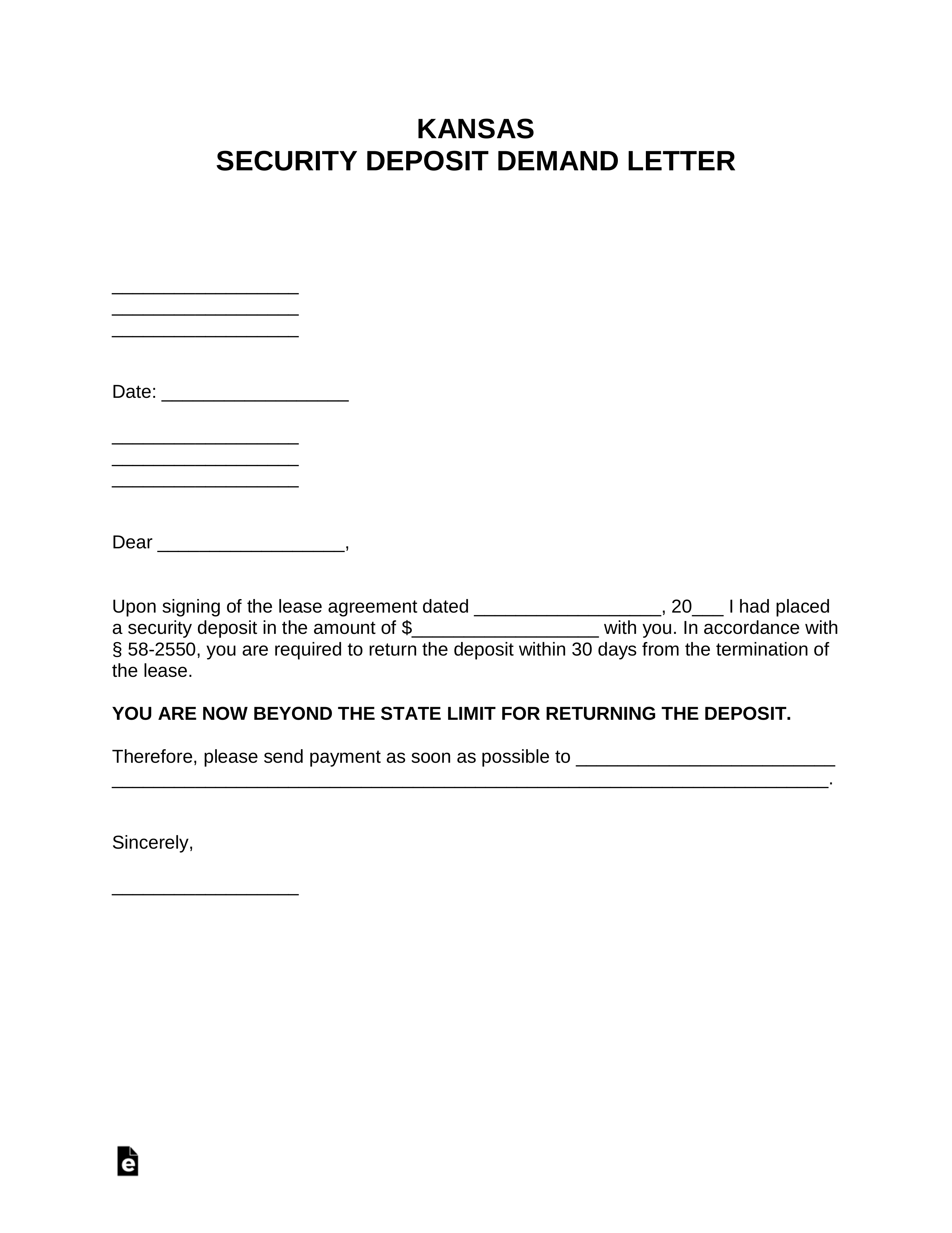 Free Kansas Security Deposit Demand Letter - PDF  Word – eForms With Regard To Security Deposit Agreement Letter With Regard To Security Deposit Agreement Letter