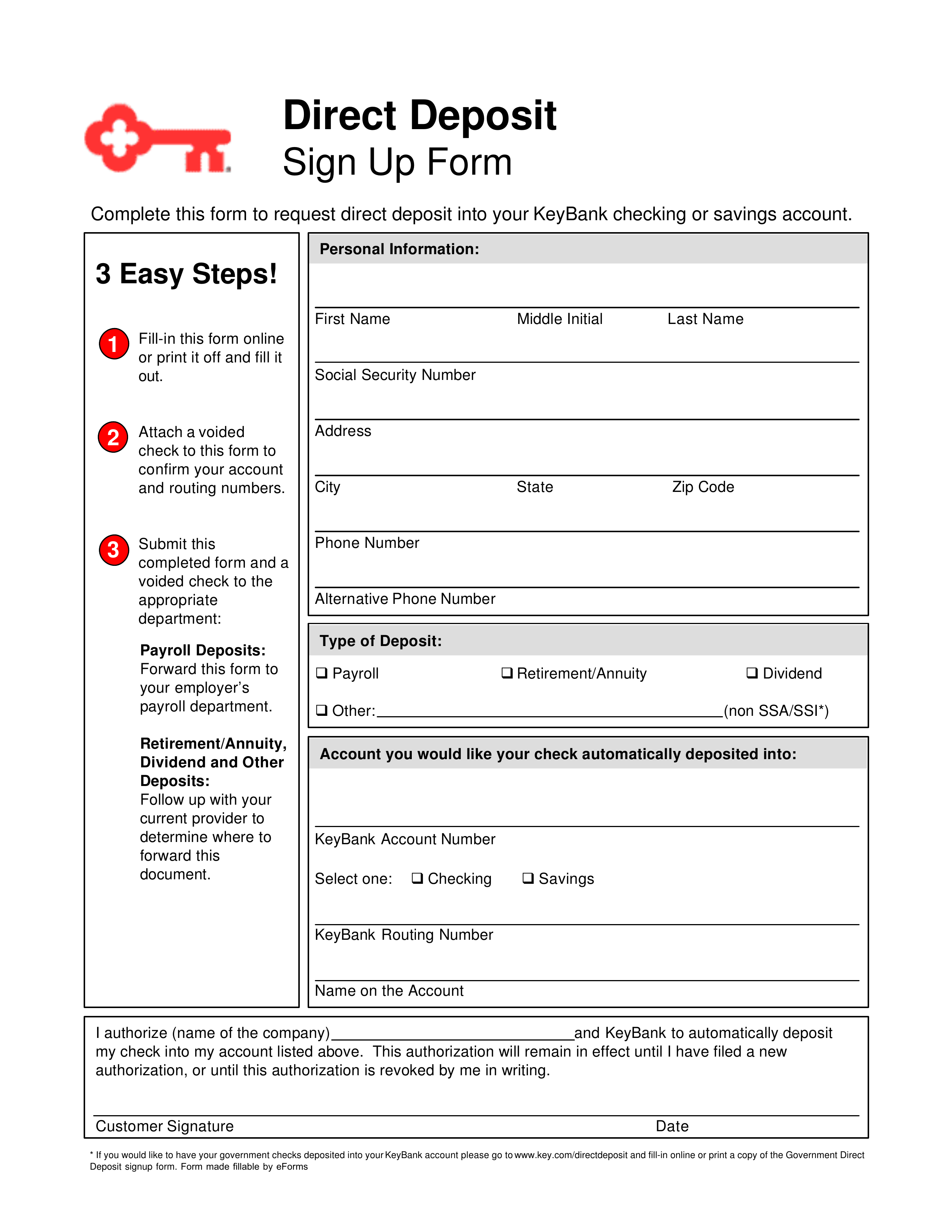Free Key Bank Direct Deposit Authorization Form - PDF – eForms Intended For Direct Deposit Form Social Security Benefits Throughout Direct Deposit Form Social Security Benefits