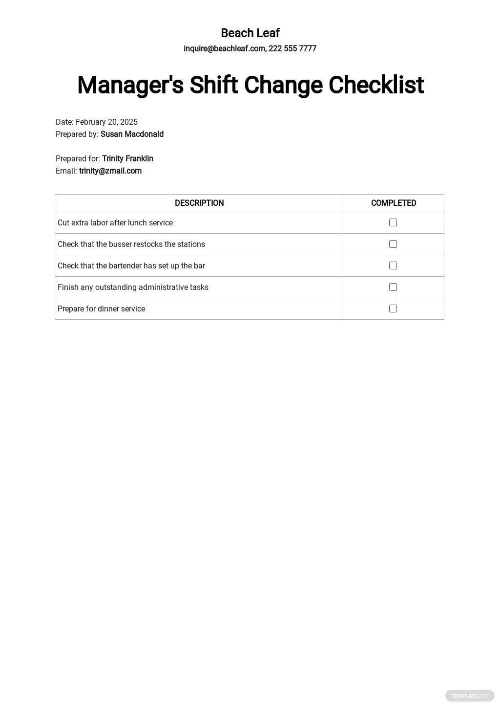 FREE Manager Checklist Template in PDF  Template Regarding Shift Checklist Template