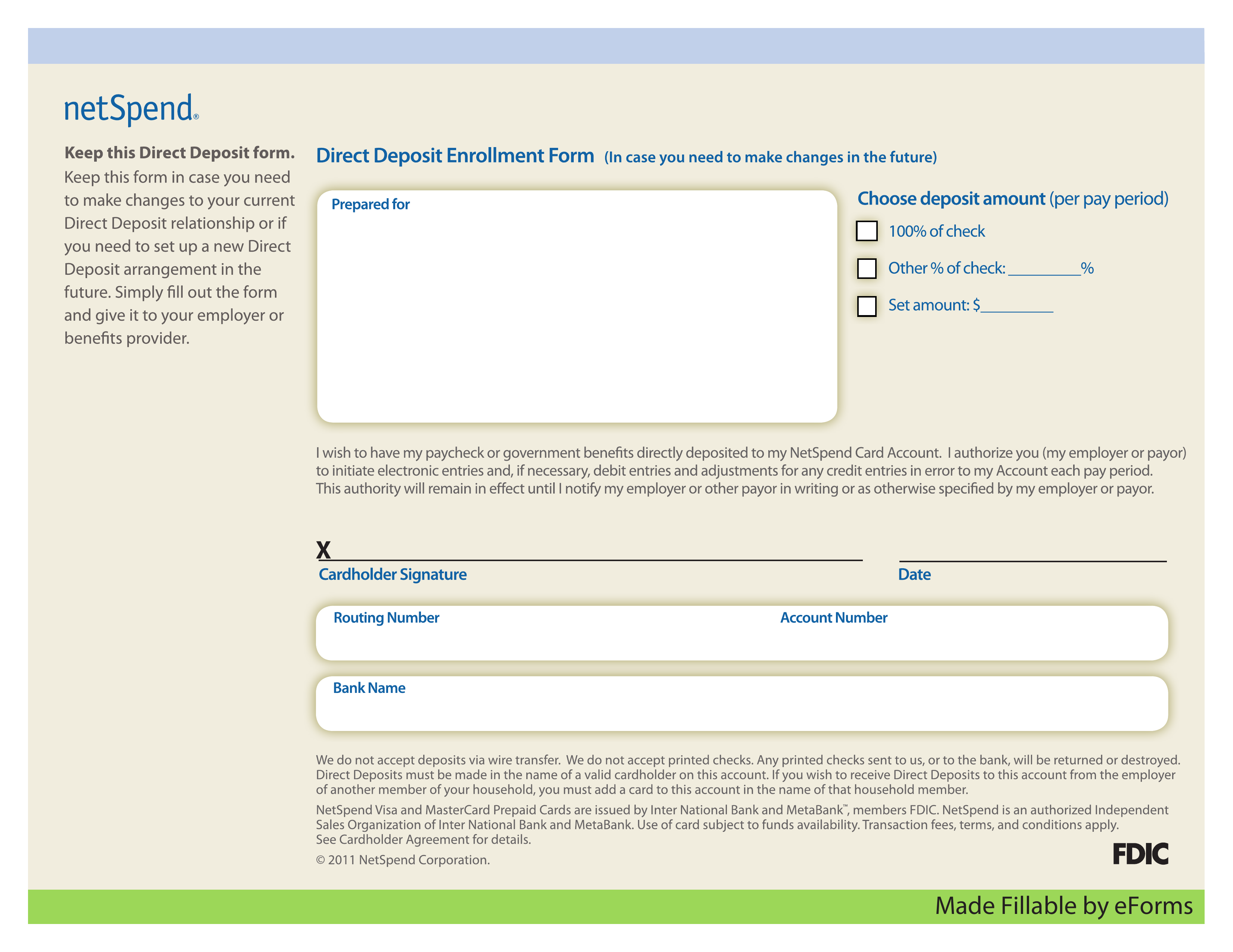 Free NetSpend Direct Deposit Authorization Form - PDF – eForms In Western Union Prepaid Direct Deposit Form Throughout Western Union Prepaid Direct Deposit Form