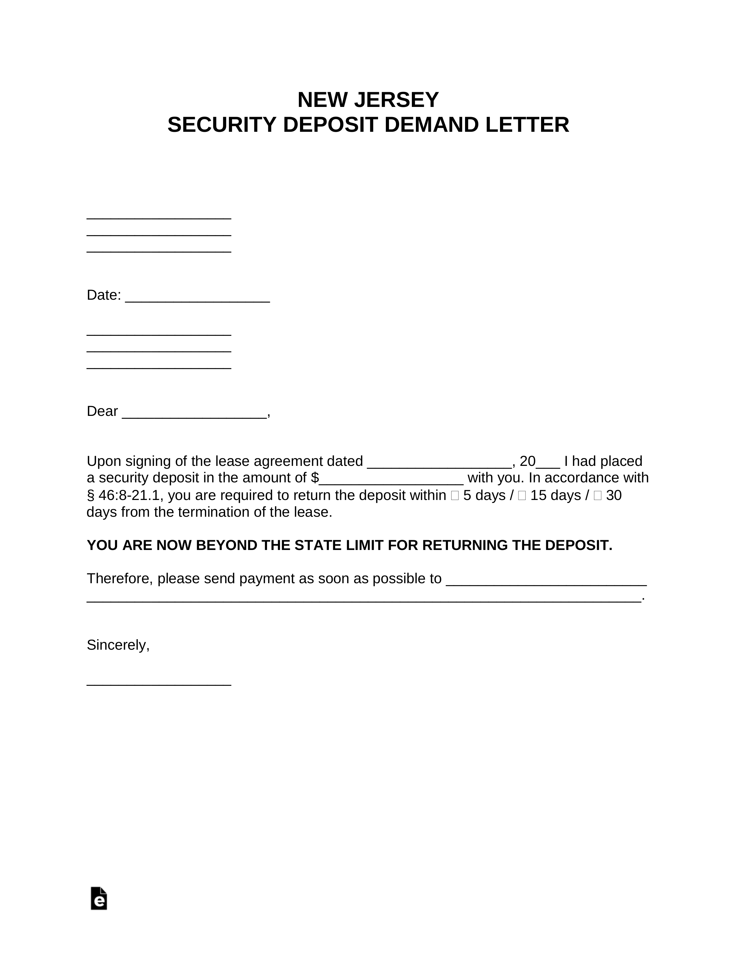 Free New Jersey Security Deposit Demand Letter – PDF  Word – EForms Intended For Return Of Security Deposit Form Letter