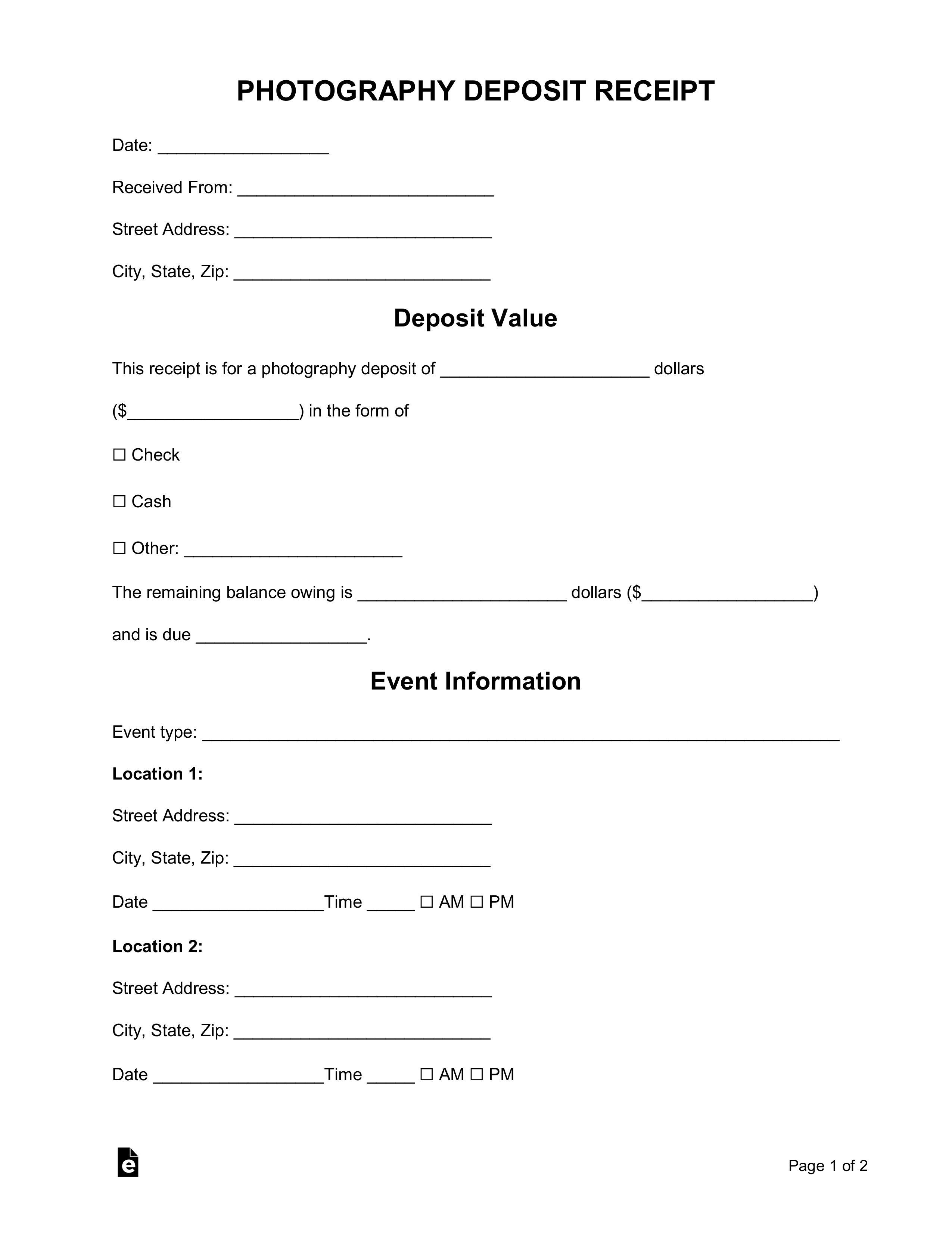 Free Photography Deposit Receipt Template – Word  PDF – EForms Within Photography Deposit Contract Template