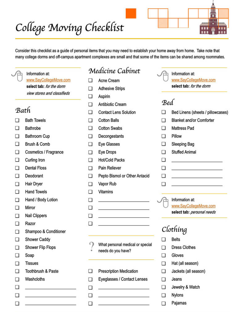 Free Printable 10+ FREE Moving Checklist Templates (Word  PDF) With College Checklist Template With Regard To College Checklist Template