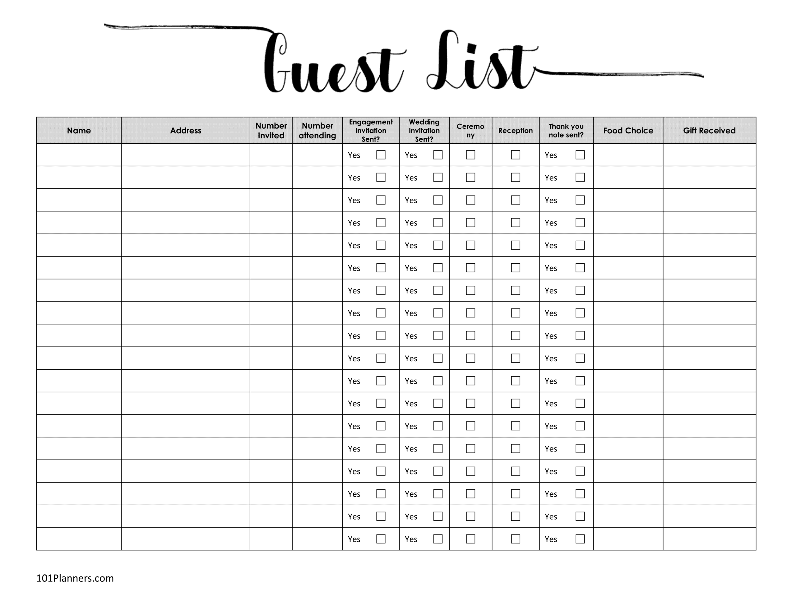 FREE printable guest list template  Customize online Inside Wedding Guest Checklist Template Inside Wedding Guest Checklist Template