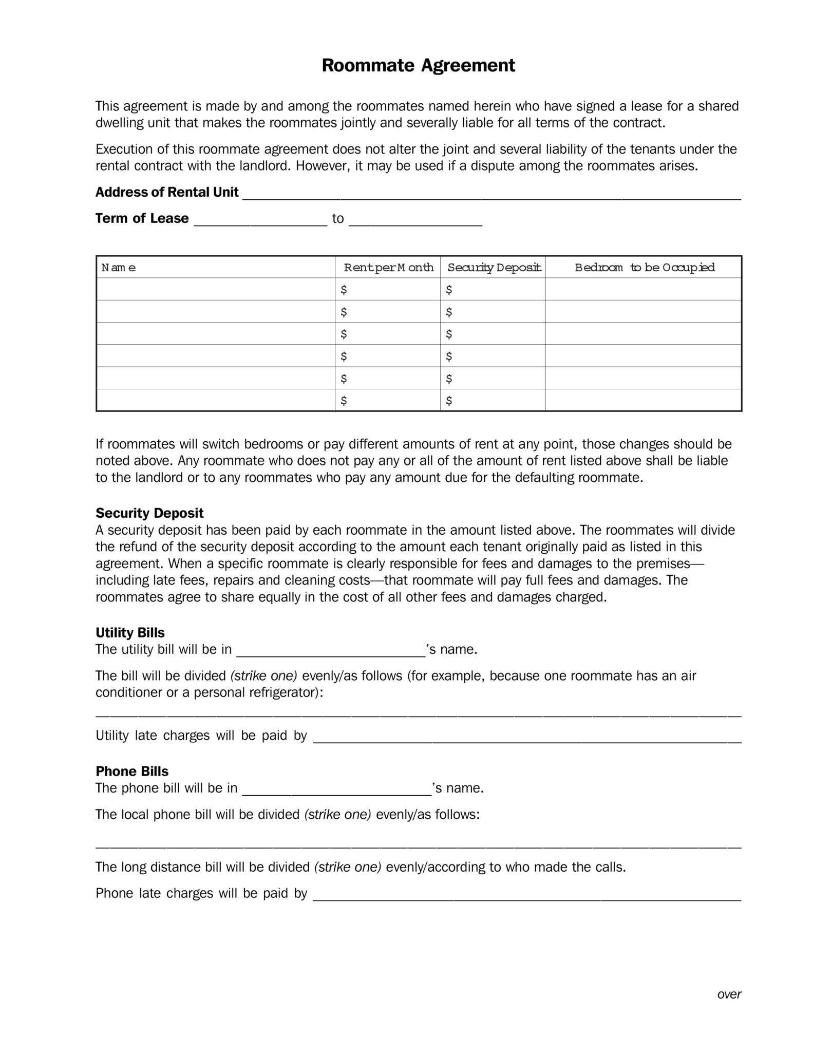 Free Printable Roommate Agreement - Printable Agreements Within Security Deposit Agreement Between Roommates For Security Deposit Agreement Between Roommates