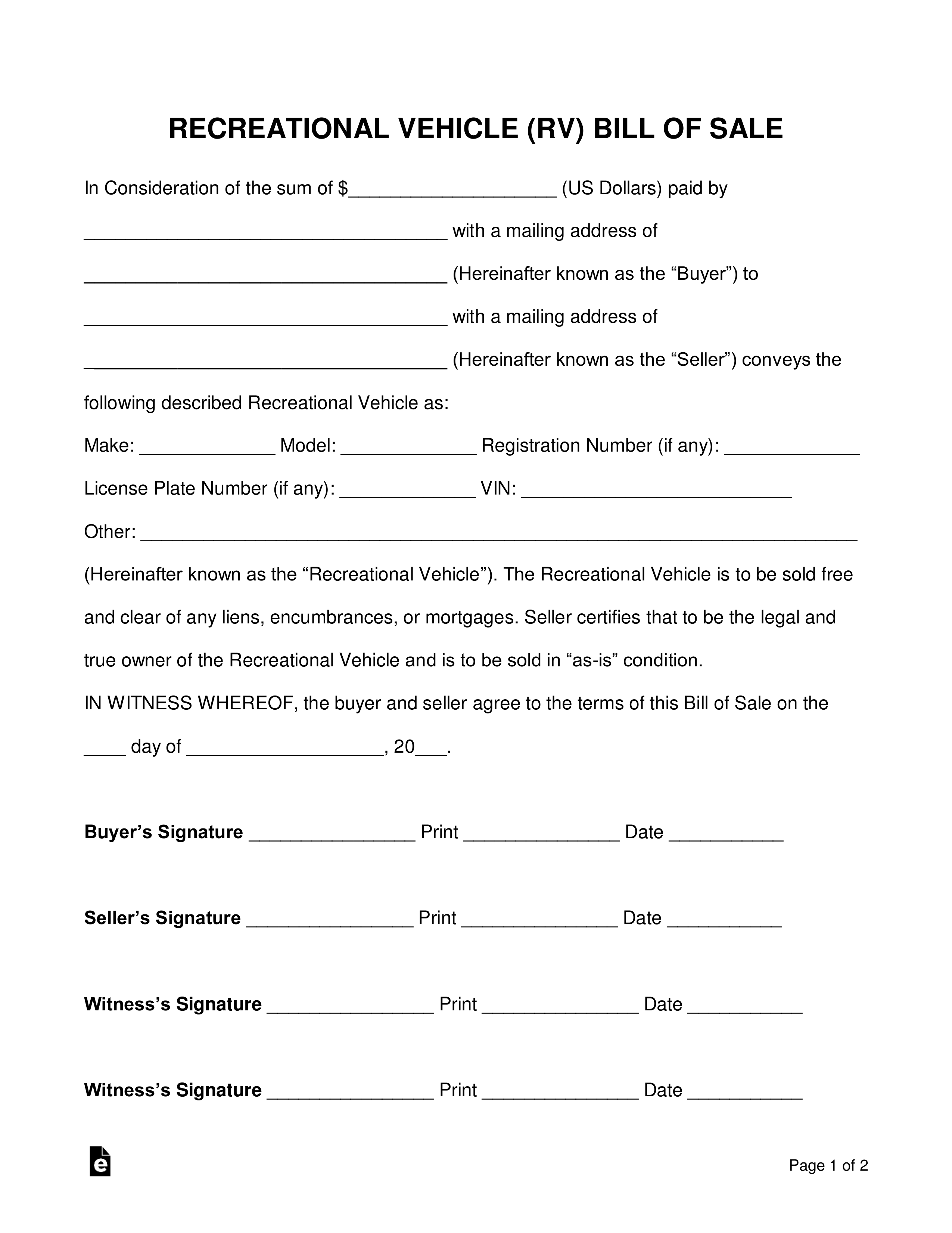 Free Recreational Vehicle (RV) Bill of Sale Form - Word  PDF – eForms With Deposit Form For Bill Of Sale Pertaining To Deposit Form For Bill Of Sale