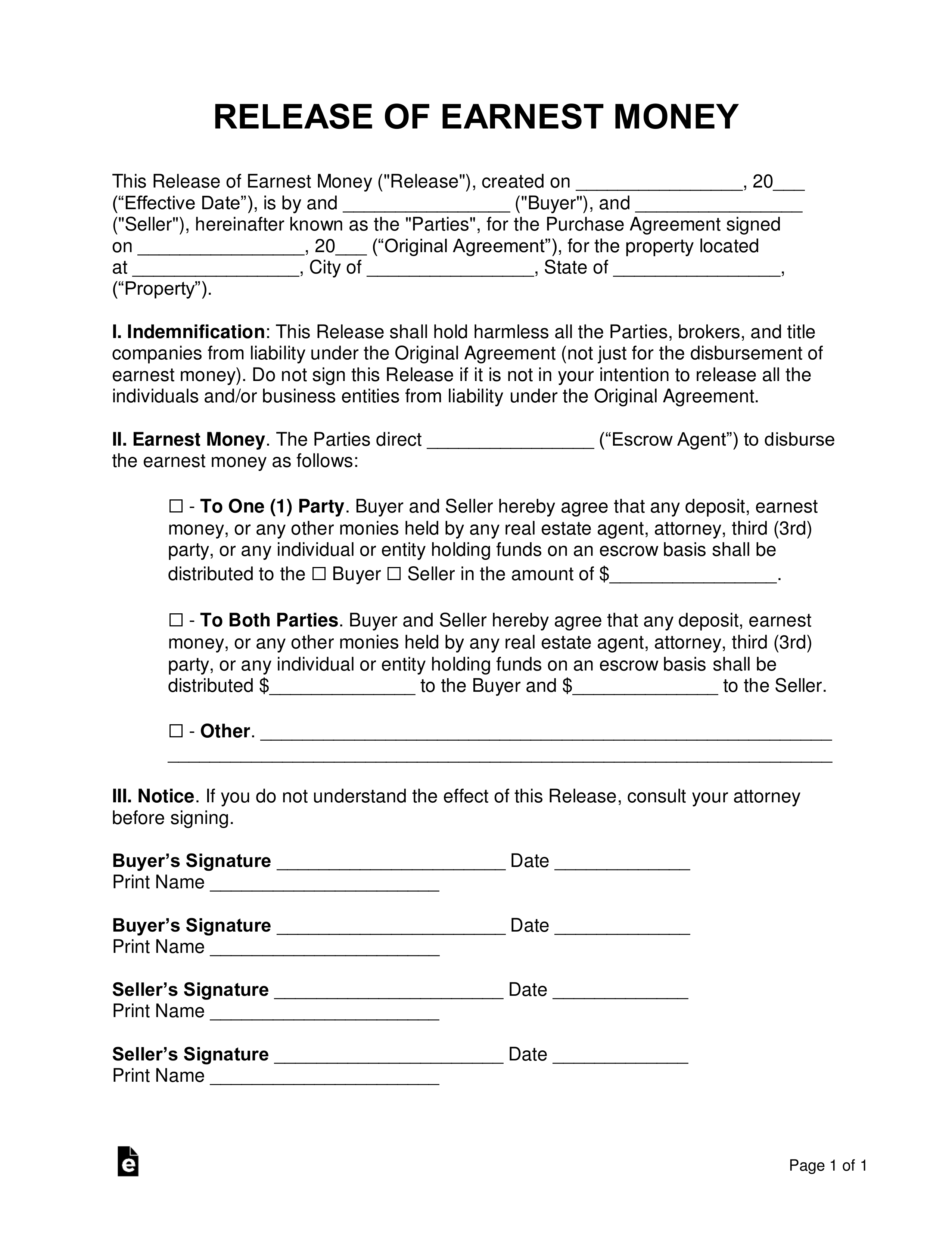 Free Release of Earnest Money Form - Word  PDF – eForms Pertaining To Deposit Release Form Template Throughout Deposit Release Form Template