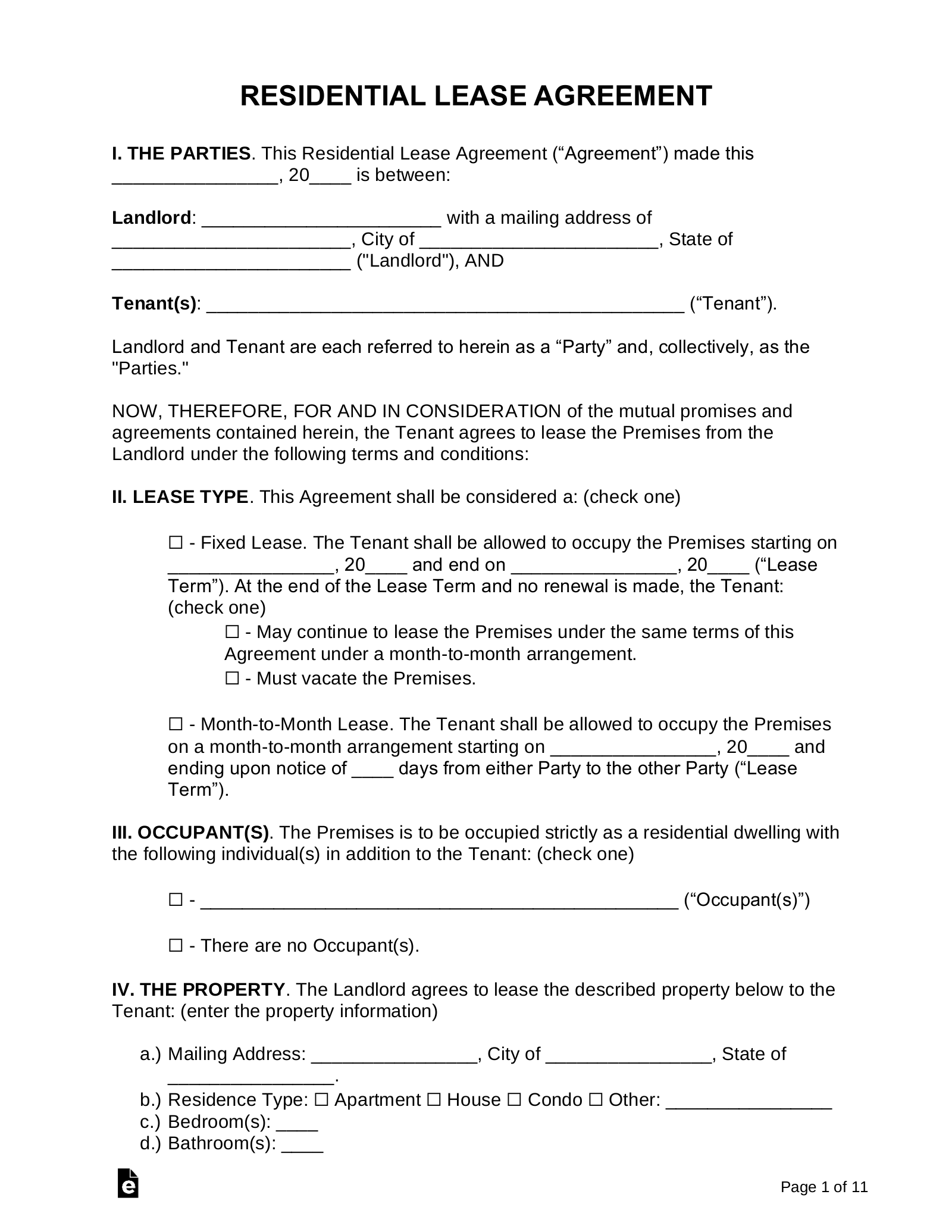 Free Rental / Lease Agreements – Word  PDF – EForms With Regard To No Deposit Tenancy Agreement Template