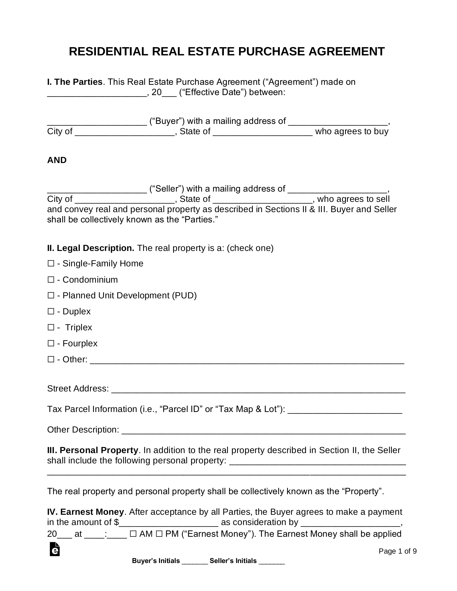 Free Residential Real Estate Purchase Agreements – Word  PDF – EForms Throughout Release Of Earnest Money Deposit Form