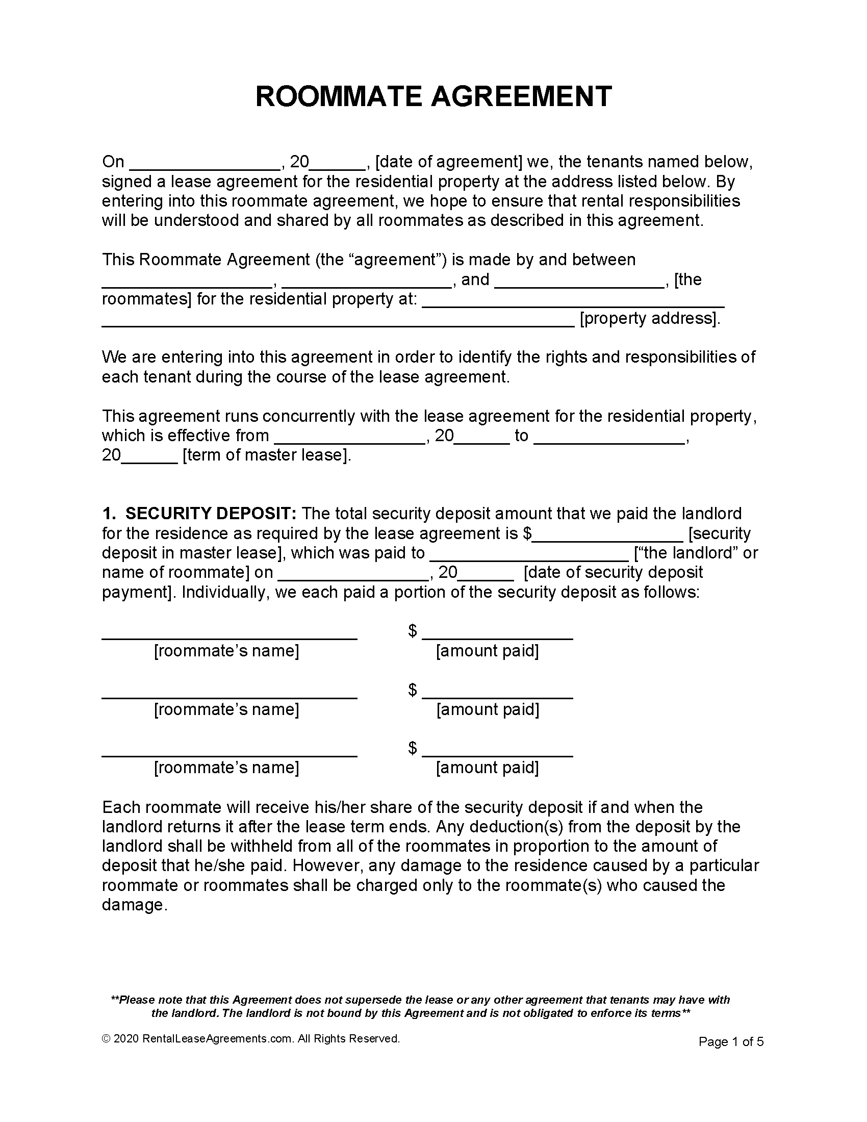 Free Roommate Agreement Template  PDF - Word Within Security Deposit Agreement Between Roommates With Regard To Security Deposit Agreement Between Roommates