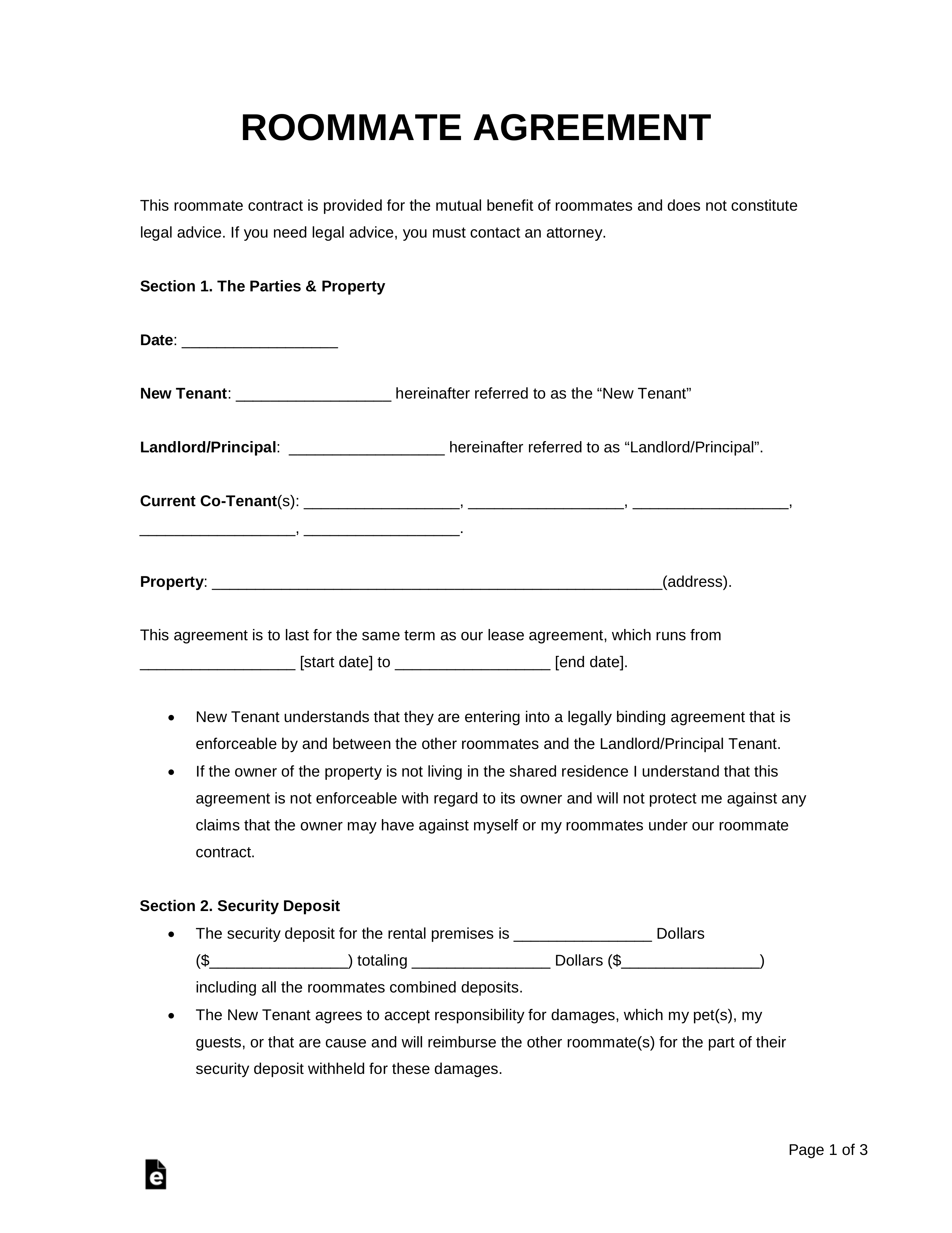 Free Roommate (room rental) Agreement Template - PDF  Word – eForms Intended For Security Deposit Agreement Between Roommates Intended For Security Deposit Agreement Between Roommates