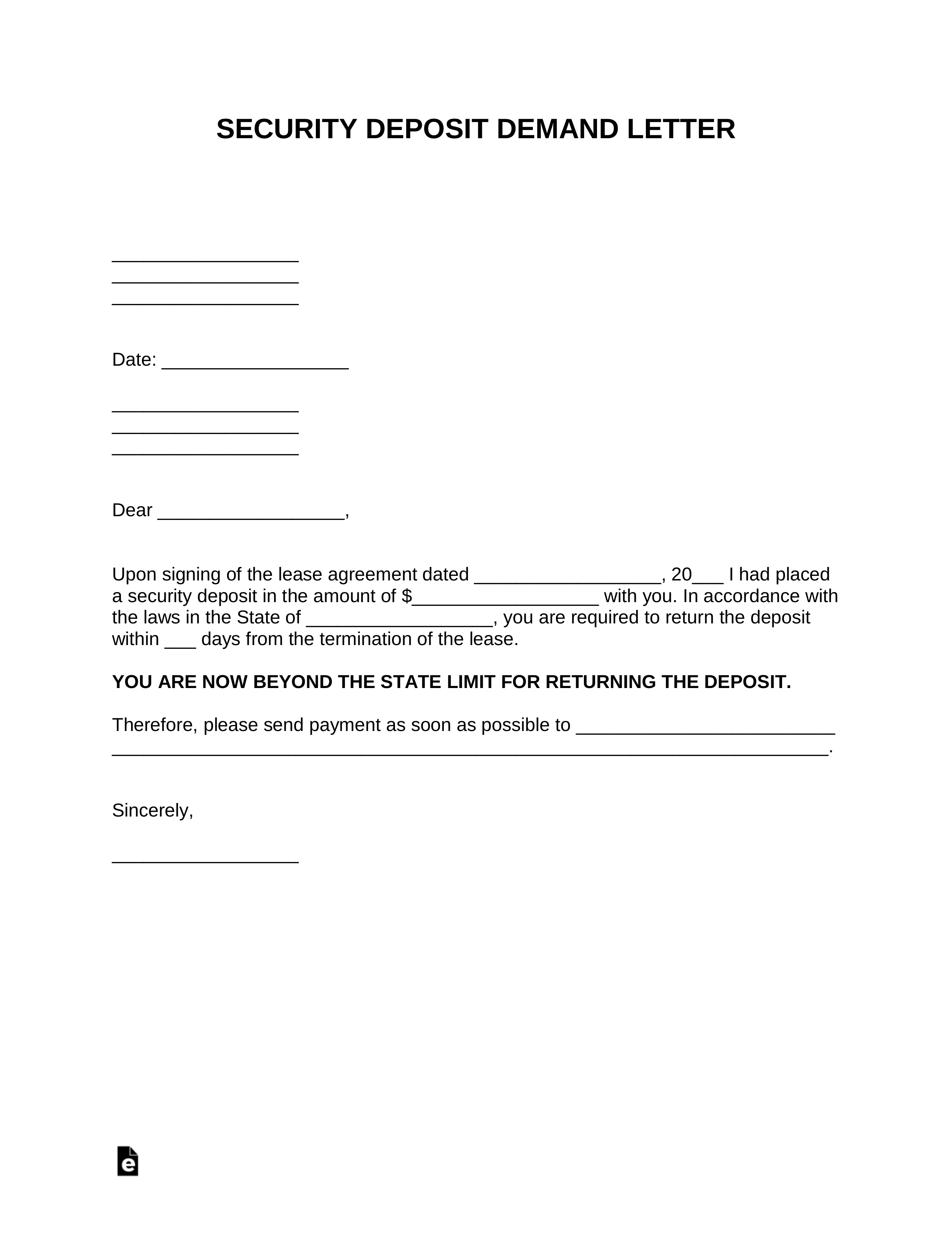Free Security Deposit Demand Letter Template - PDF  Word – eForms With Regard To Request For Return Of Security Deposit Form With Request For Return Of Security Deposit Form