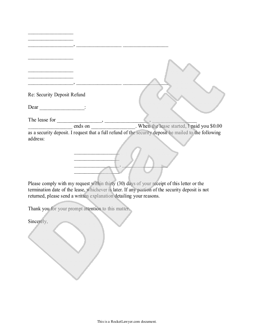Free Security Deposit Refund Letter  Free to Print, Save & Download Throughout Letter To Landlord For Security Deposit Return Intended For Letter To Landlord For Security Deposit Return