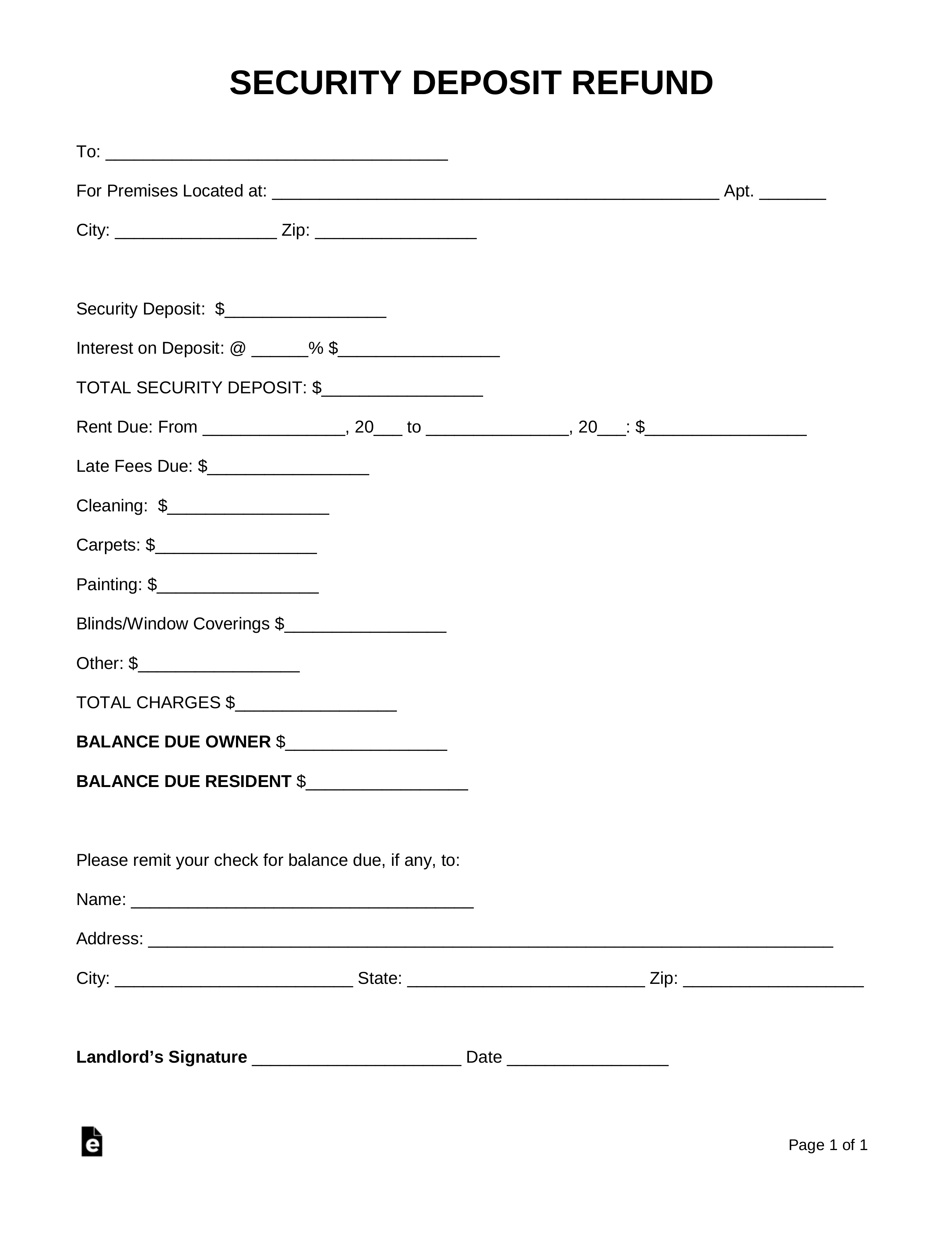 Free Security Deposit Return Letter – PDF  Word – EForms Pertaining To Transfer Of Security Deposit To New Owner Form